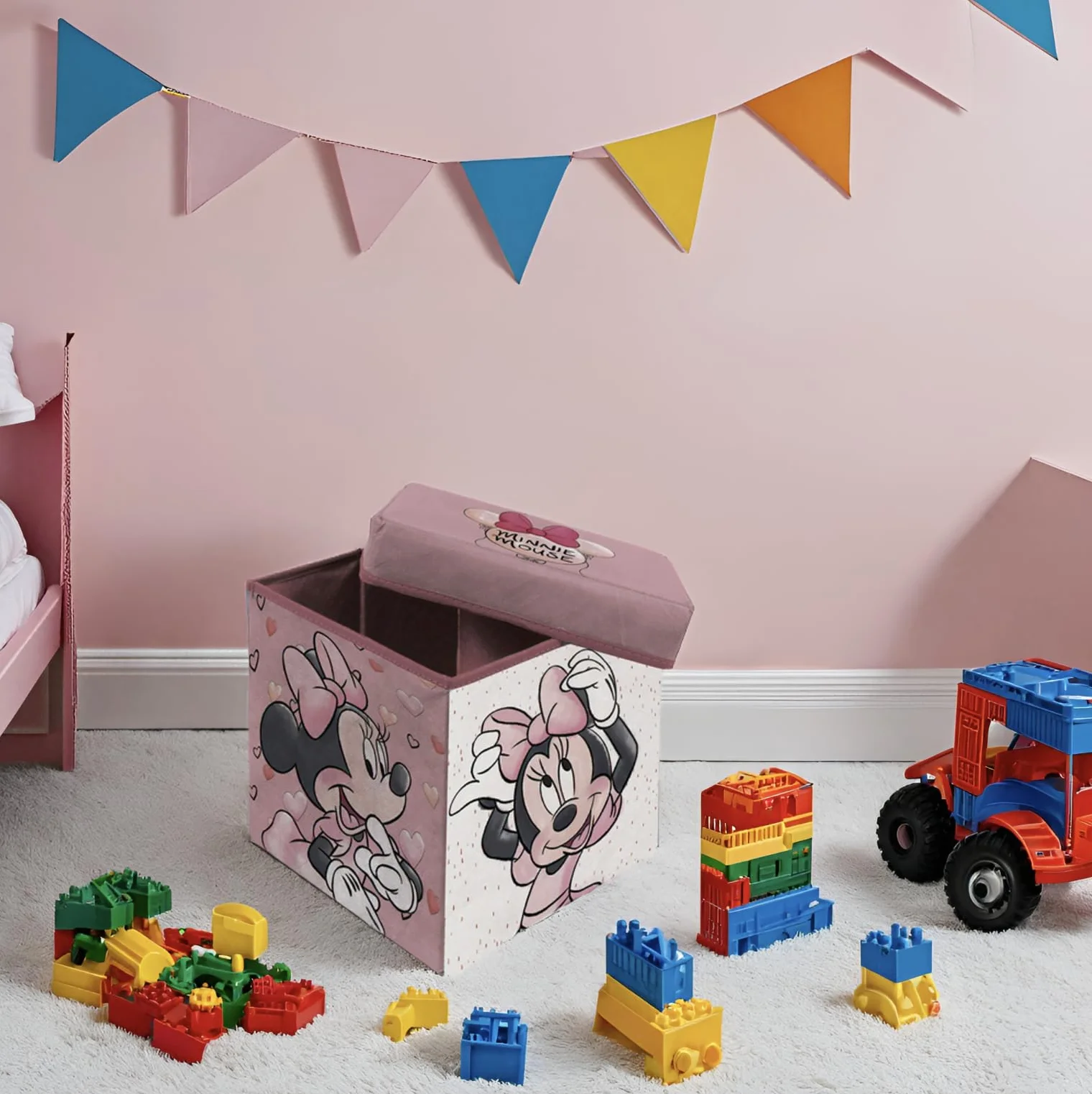Cubo de almacenaje y asiento Minnie Mouse 30x30x30 cm Taburete infantil plegable con tapa acolchada Organizador de juguetes