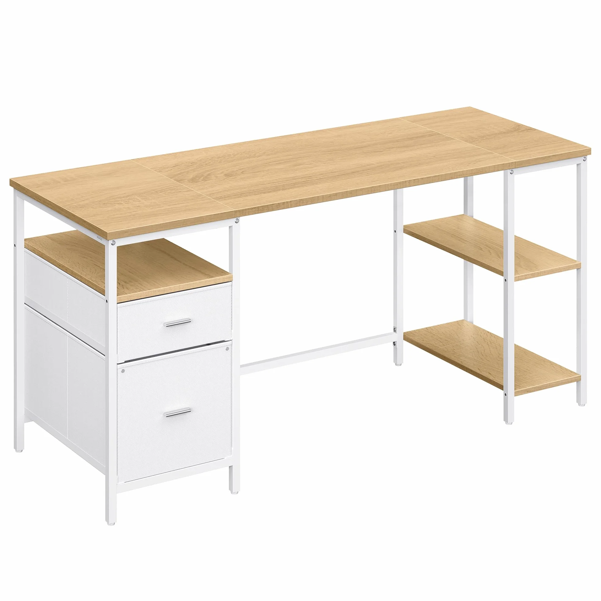 VASAGLE Mesa de Ordenador, Mesa de Oficina, con 3 Estantes, 2 Cajones, 160 x 60 x 76 cm, para Oficina, Salón, Estilo Moderno, Roble Natural y Blanco Nube LWD105YD01