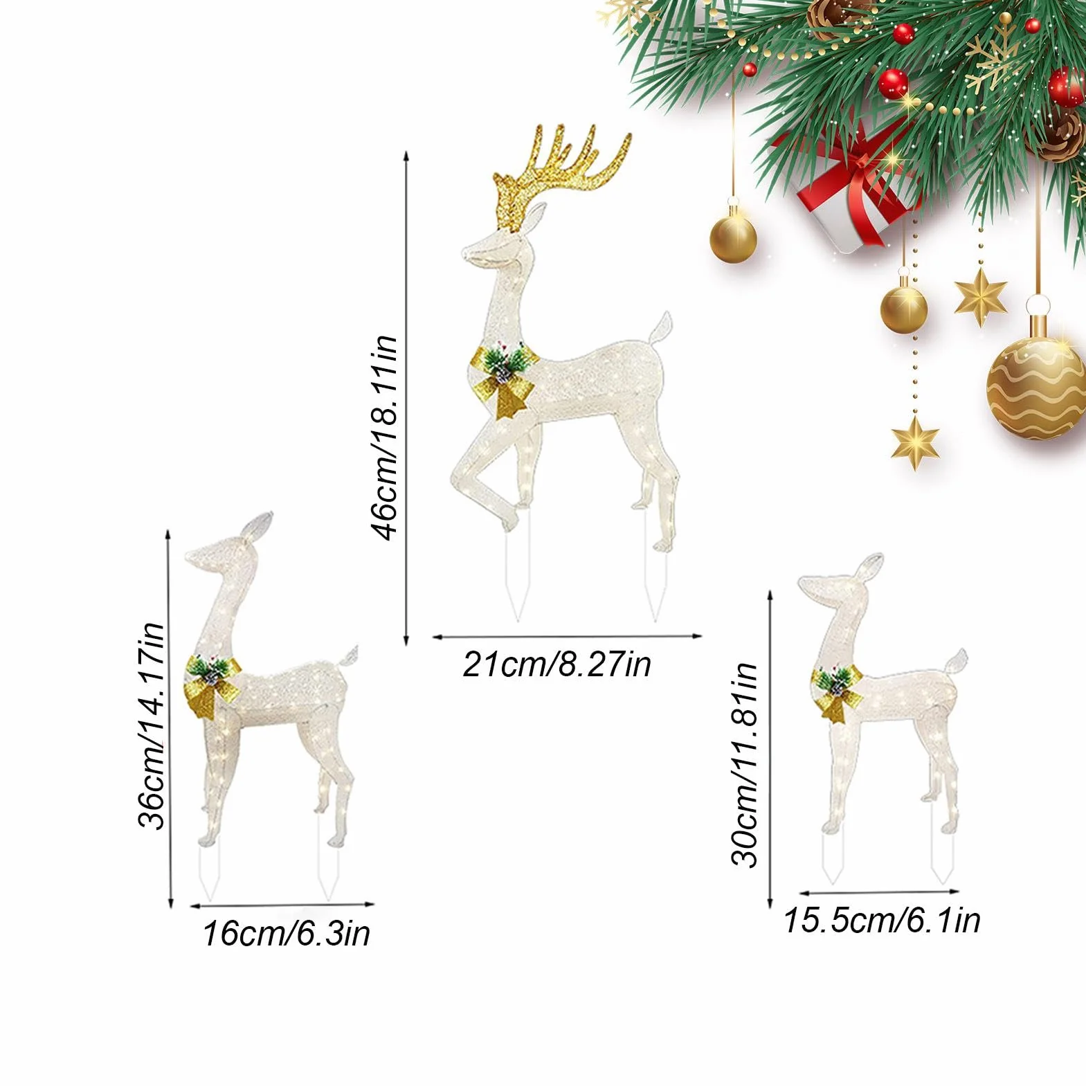 Decoración navideña de Reno con Luces LED, Juego de Ciervos de Navidad para Exteriores, 3 Piezas