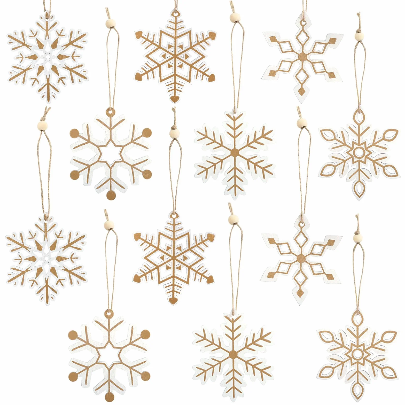 LEMESO 24 Colgantes de Madera Navidad Copo de Nieve Blanco Oro Decoraciones para Árboles