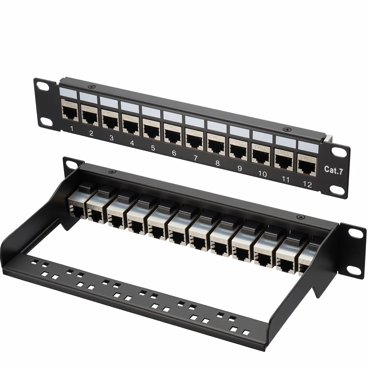 Panel de conexiones Cat 7, 1U 12 Puertos, panel de conexión Keystone de 10 pulgadas, panel de distribución LSA, acoplador Keystone blindado RJ45, compatible con cables de red Cat 7/6A/6/5e y Cat5