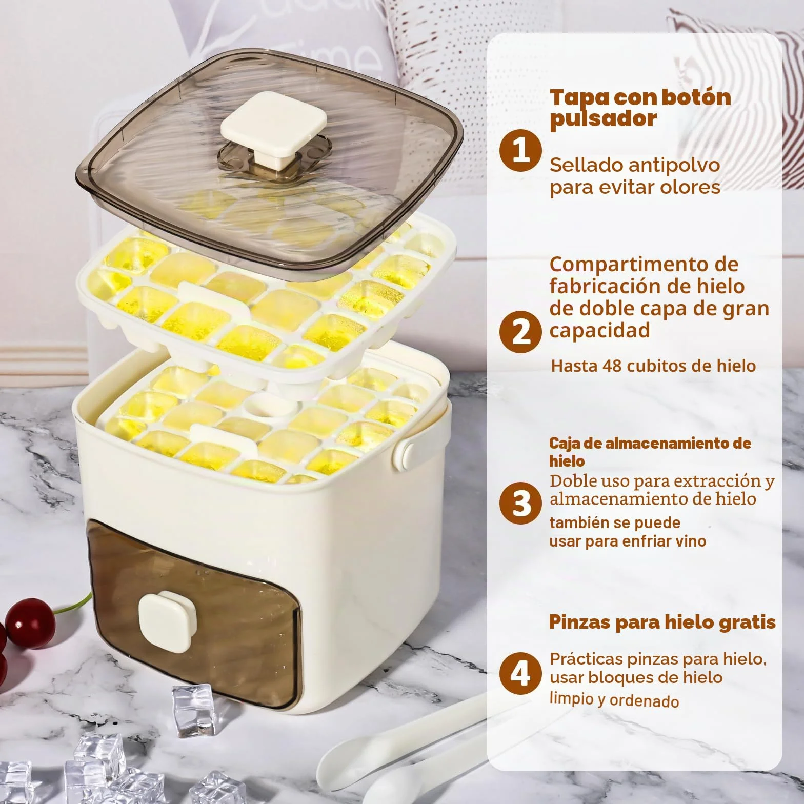 Máquina para hacer hielo, libera cubitos en un segundo, bandeja para 48 cubitos con asa y pinzas
