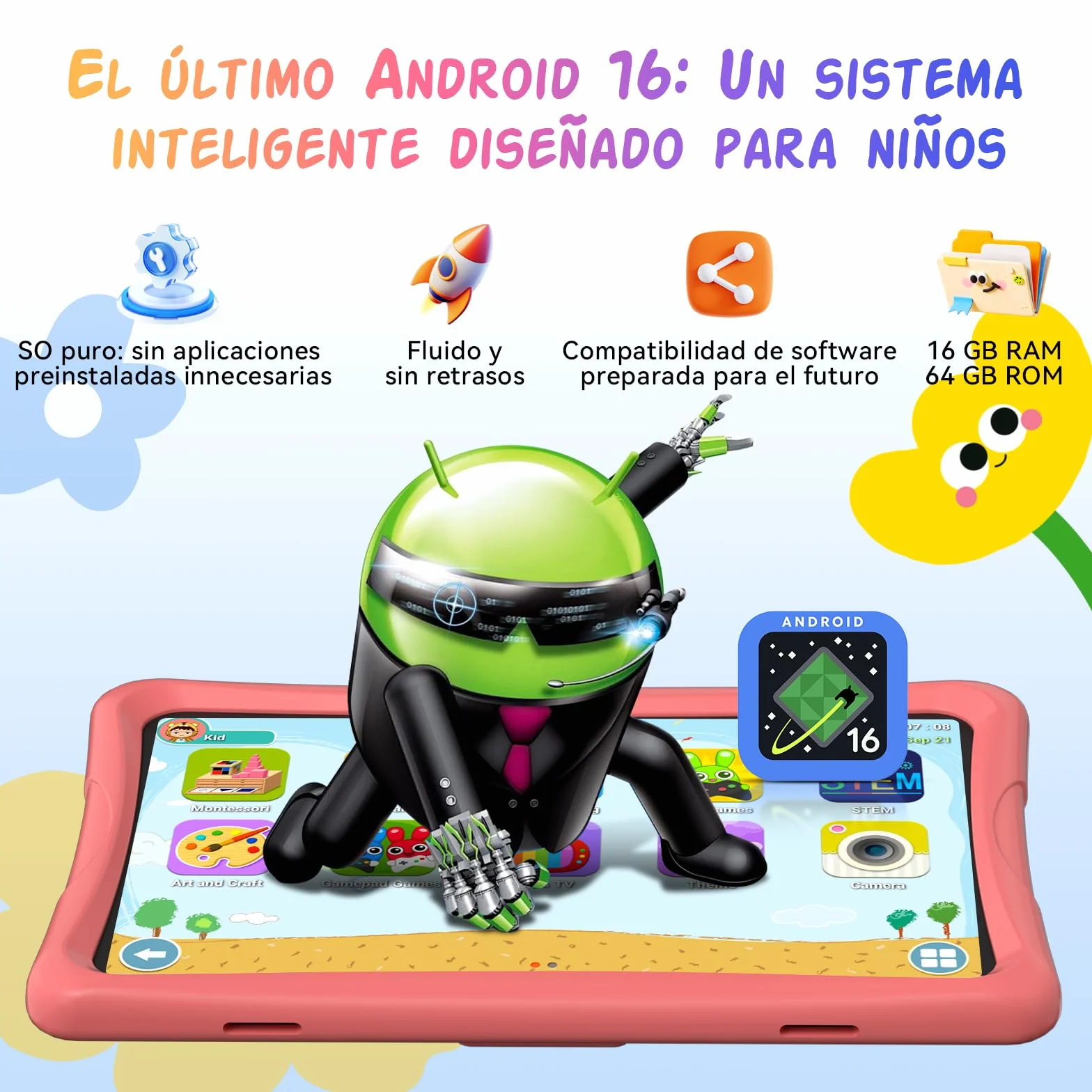 Tablet para Niños 10 Pulgadas, Android 16 Tablet para Niños de 3 a 12 Años, 16GB RAM 64GB ROM/2TB TF, Controles Parentales, GMS, WiFi6, Tablet Infantil con Funda Anticaídas y Lápiz, Garantía de 4 años