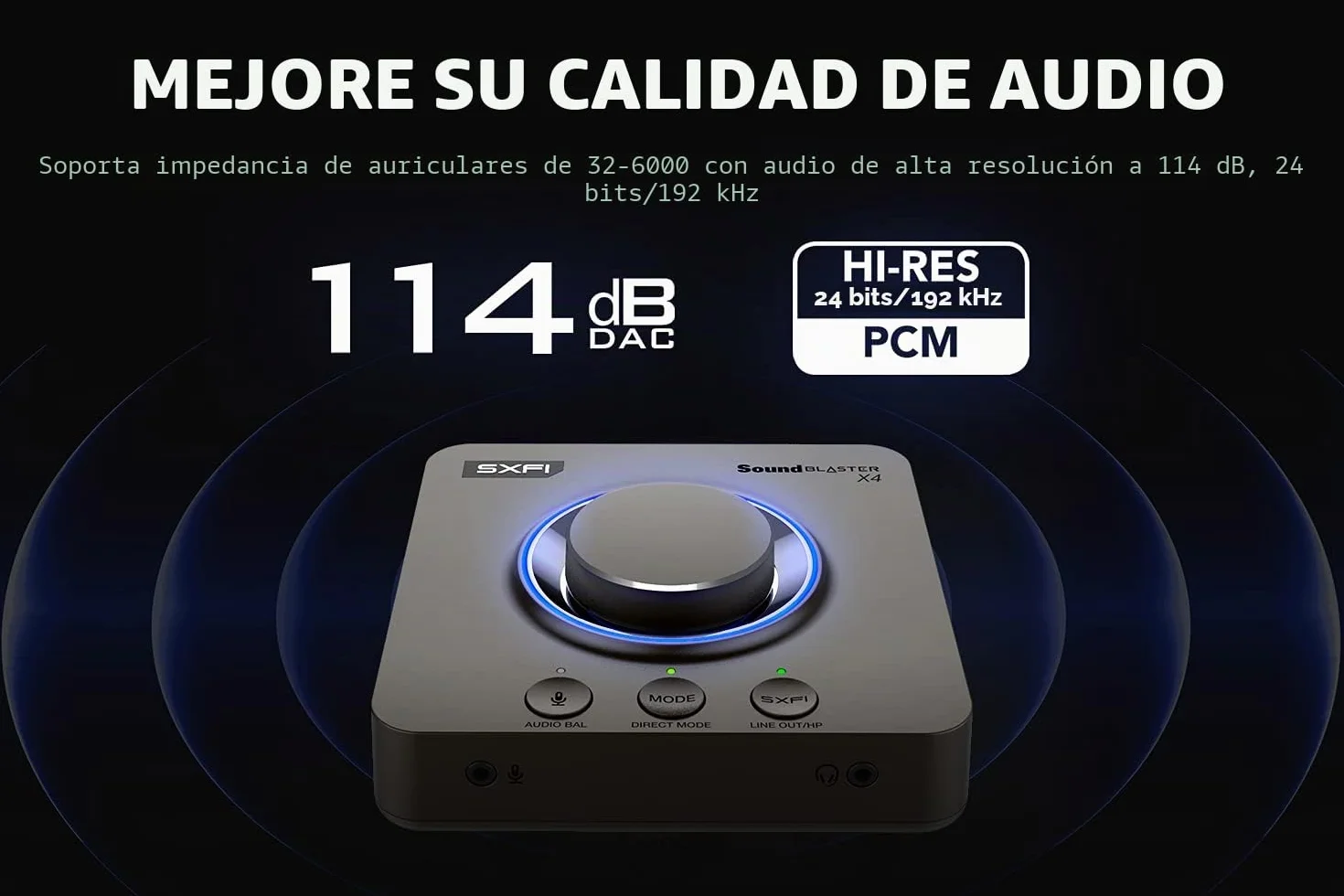 Creative Sound Blaster X4 Hi-Res 24bit/192kHz DAC USB Externo y Tarjeta de Sonido Amp, Multicanal, Sonido Surround Discreto 7.1, Entrada de Cascos para PC, Mac