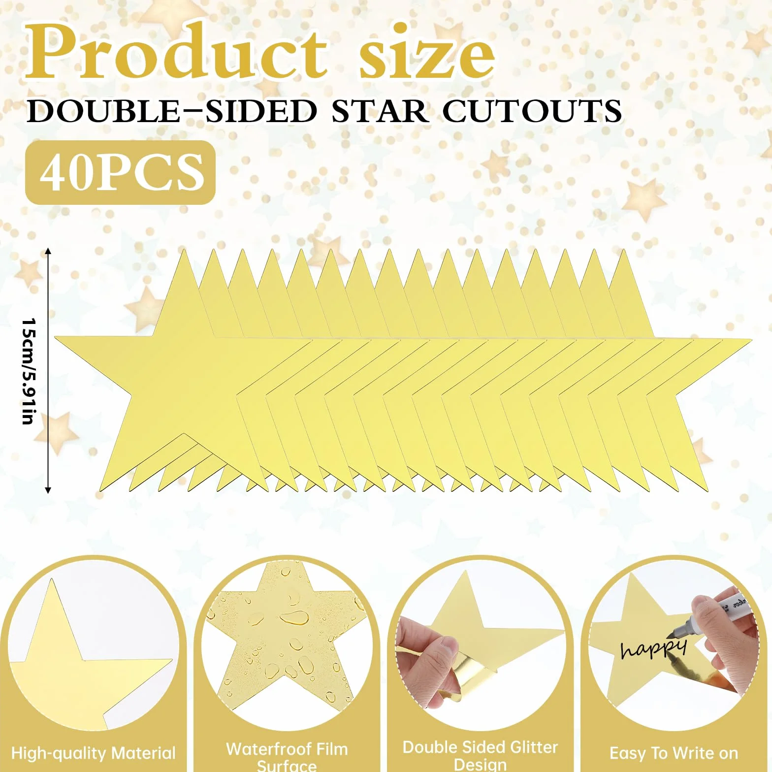 Nogeqi 40 Recortes de Estrellas Doradas de Papel Brillante 15cm para Bodas y Fiestas