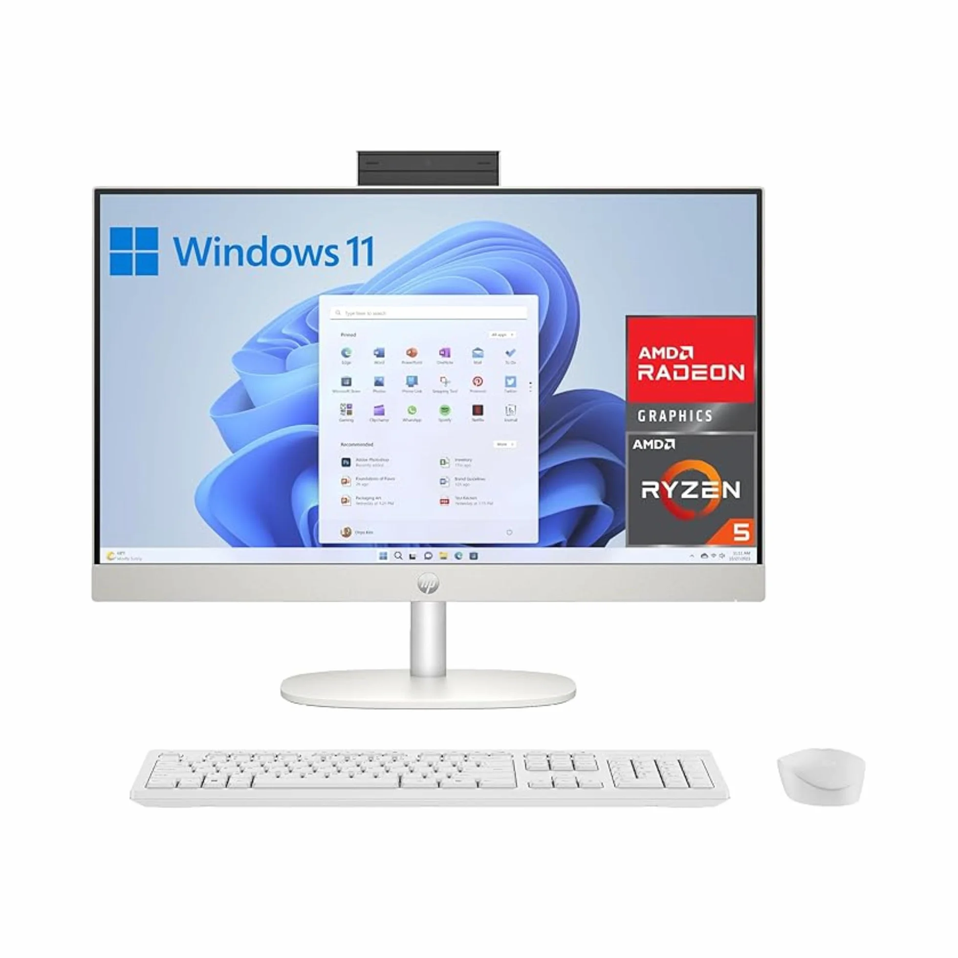 HP All-in-One 24-cr0007ss - Ordenador de sobremesa 23,8" Full HD con cámara, Teclado y ratón inalámbricos (AMD Ryzen 5 7520U, 16GB RAM, 512GB SSD, AMD Radeon Graphics, Windows 11 Home) Blanco