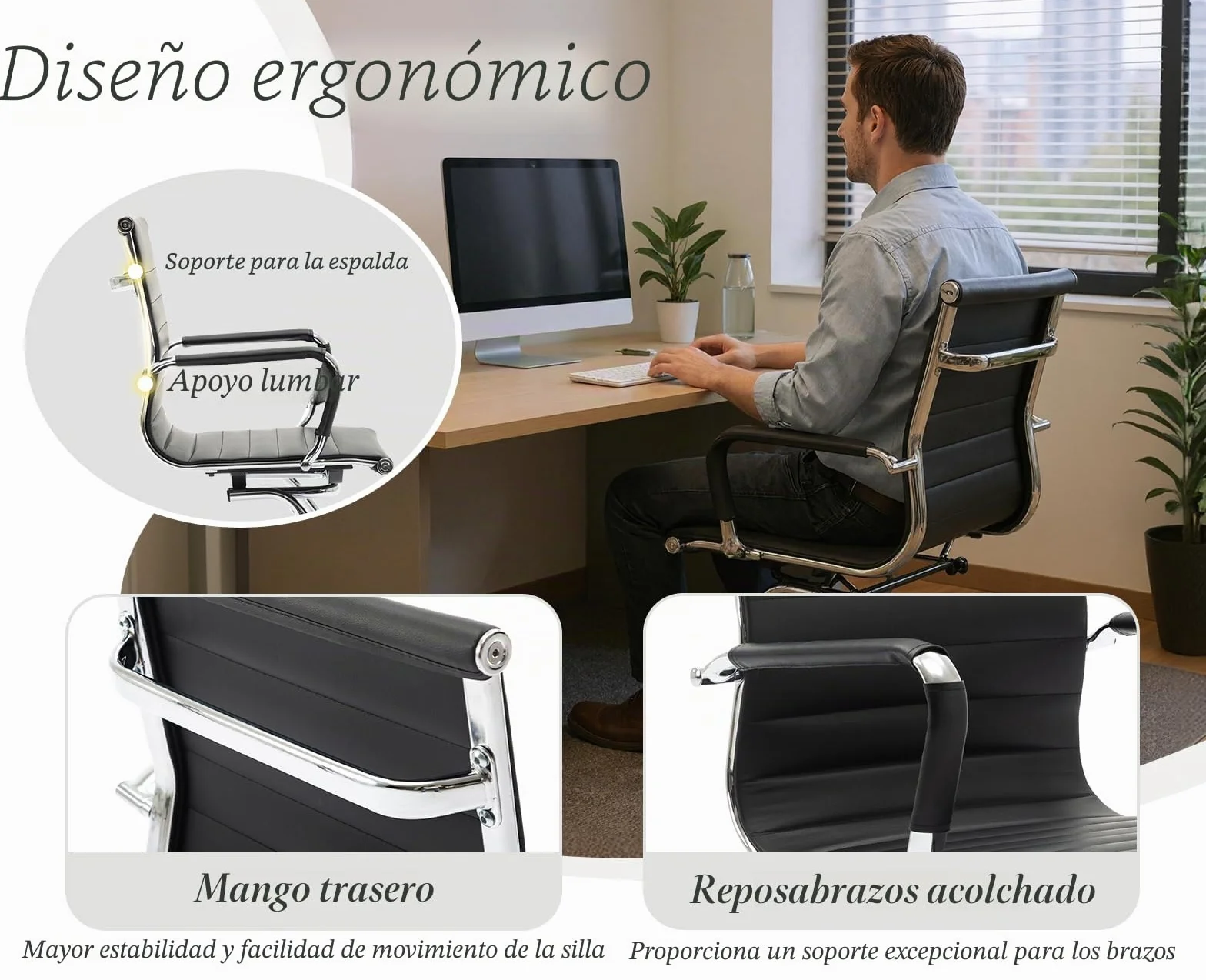 chairus Silla de Oficina de Cuero PU, Juego de 2 Sillas de Trabajo con Reposabrazos, Silla de Reuniones Minimalista, Negro