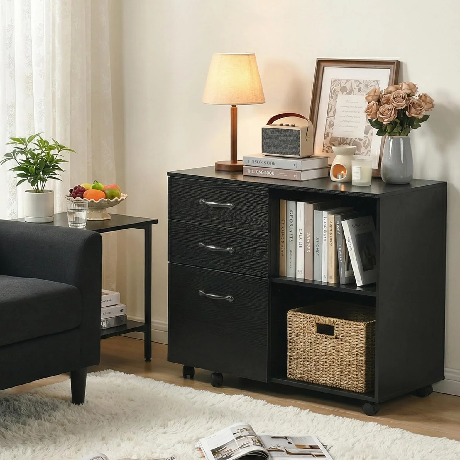 Cajonera Oficina Escritorio 3 Cajones Armario Archivador Móvil 5 Ruedas Soporte Impresora Estantes Abiertos 80x40x66cm Negro