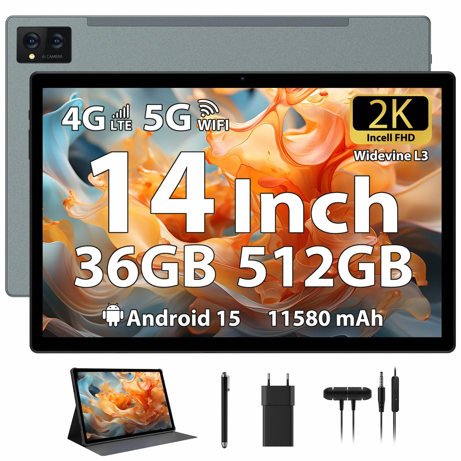 Tablet 14 Pulgadas Android 15 Tableta 2K FHD 36GB+512GB/TF 2TB, Octa-Core, 11580mAh, Dual SIM 4G LTE+5GWiFi, 4 Altavoces/GPS/13MP Cámara/BT5.0 Funda/Pen, Gris
