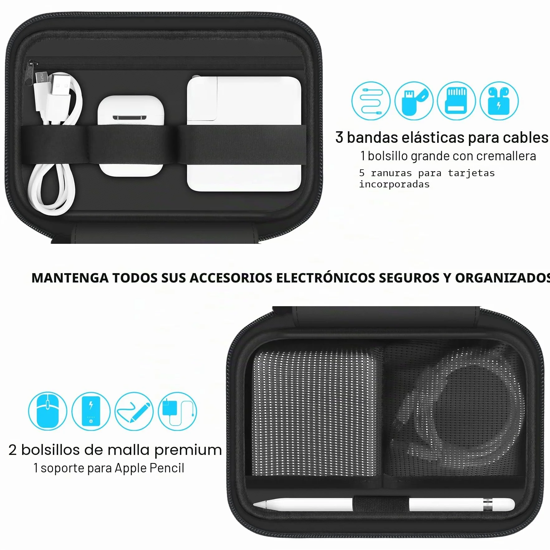 Lacdo Bolsa Almacenamiento Organizador electrónicos para Cargador, Mouse, Cable, Unidad Flash USB, Tarjeta SD, Estuche de Transporte Bolsa de Almacenamiento Banco de energía Blando, Negro