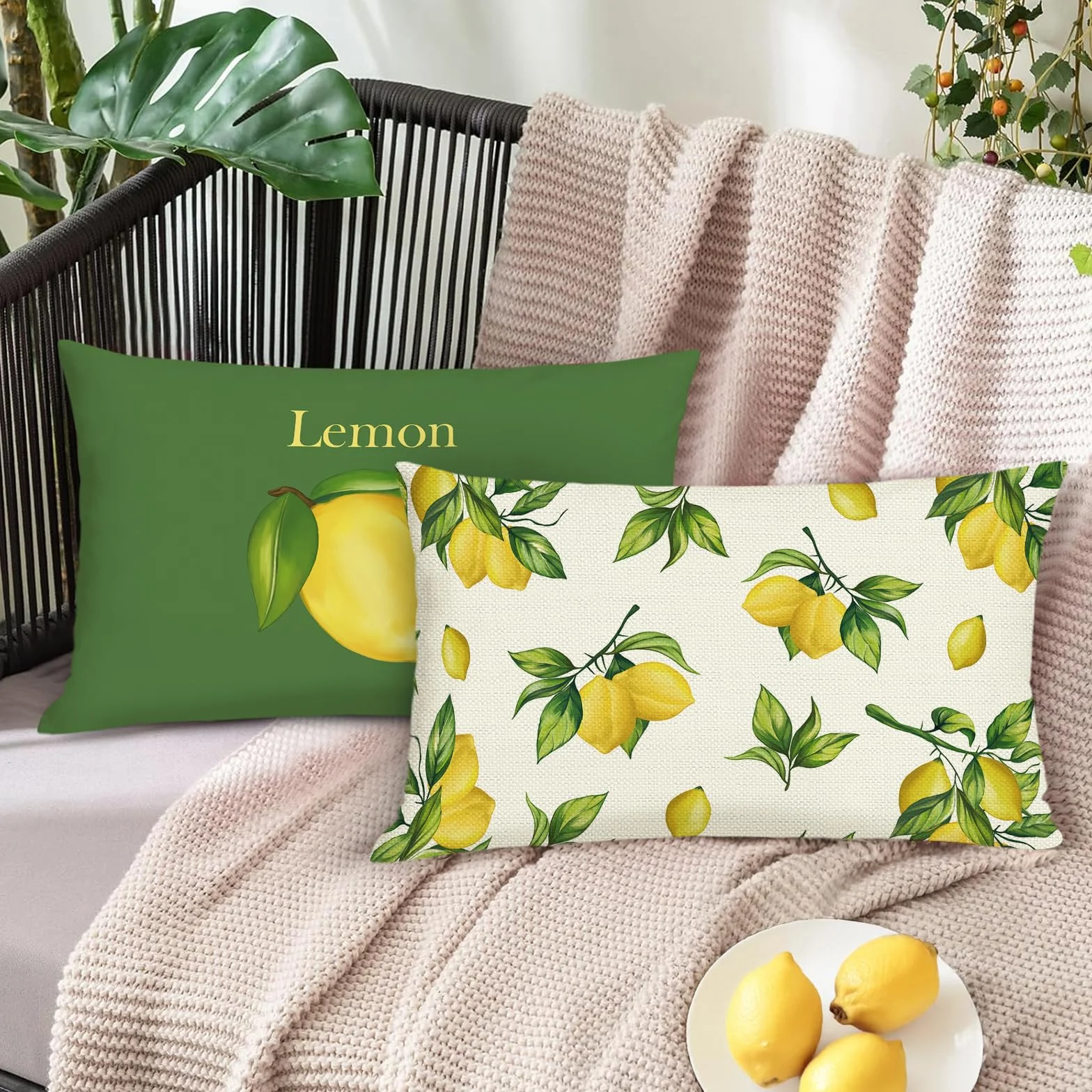Bonhause Funda de Almohada 30 x 50 cm Cojines Decorativos Frutas Amarillas Verdes Juego de 2