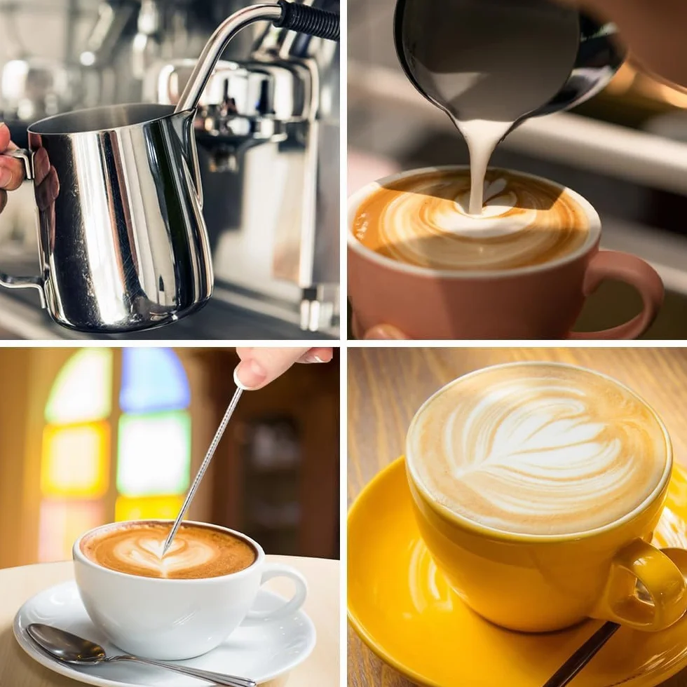 Jarra de leche barista acero inoxidable 304 espumadora con marcas de medición 350 ml para capuchino y espresso