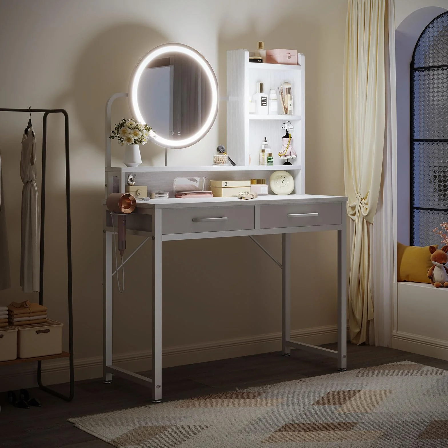 ODK Tocador con Luces LED, Altura Ajustable 120-180 cm, 2 Cajones, 80x40x136 cm, Blanco