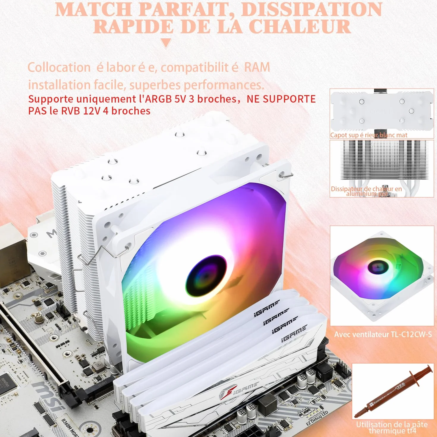 Thermalright Assassin King 120 SE ARGB CPU Air Cooler, AK120 SE ARGB, 5 Heatpipes, Tecnología AGHP, TL-C12CW-S PWM Quiet Fan CPU Cooler con rodamiento S-FDB, para AMD AM4 AM5/Intel 1151/1155/1200/1700
