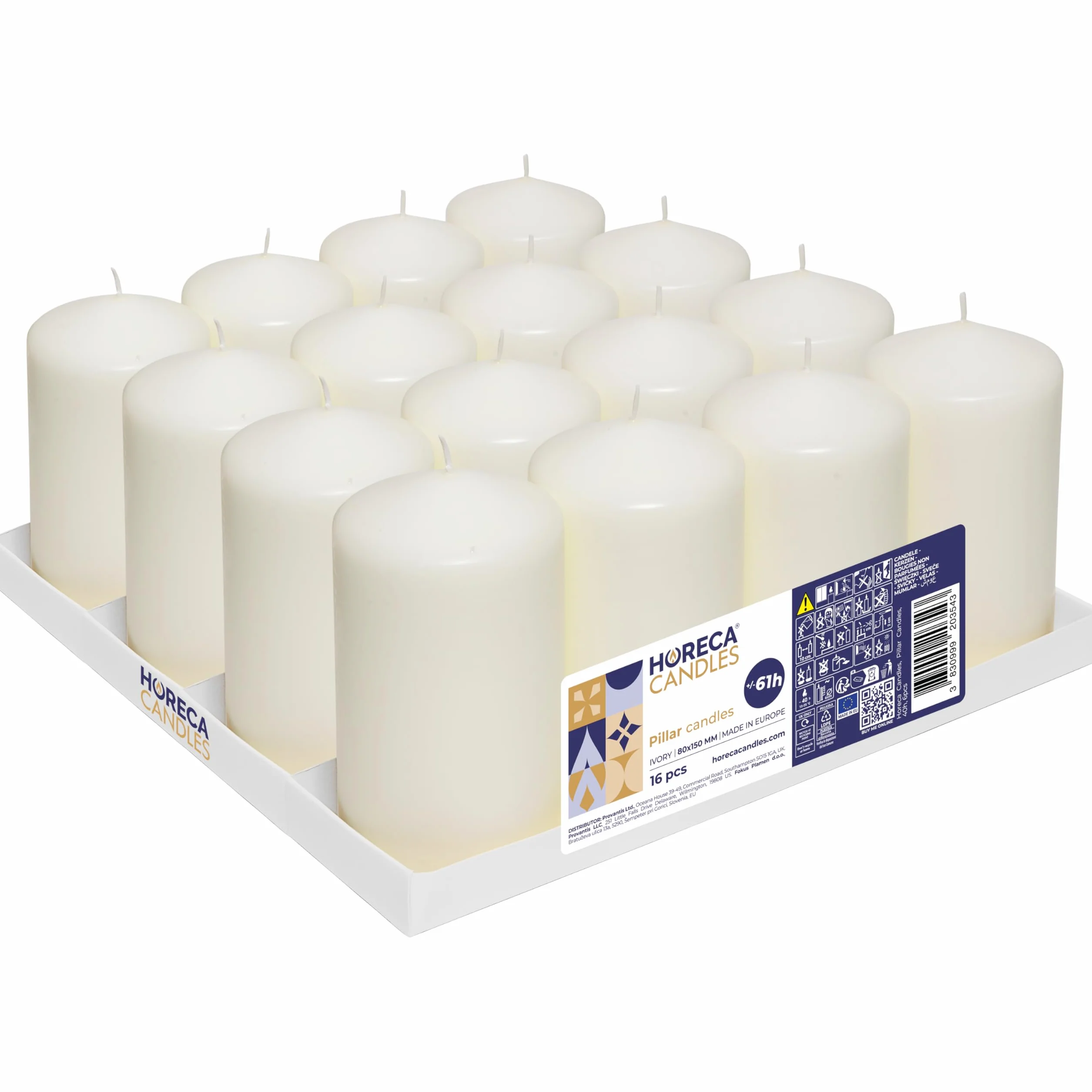Horeca Candles - Velas Grandes de Pilar Marfil - Ø 8 x 15 cm - Juego de 16 Velones Decorativos - 60 Horas de Larga Duración - Sin Olor, Goteo ni Humo - Calidad RAL