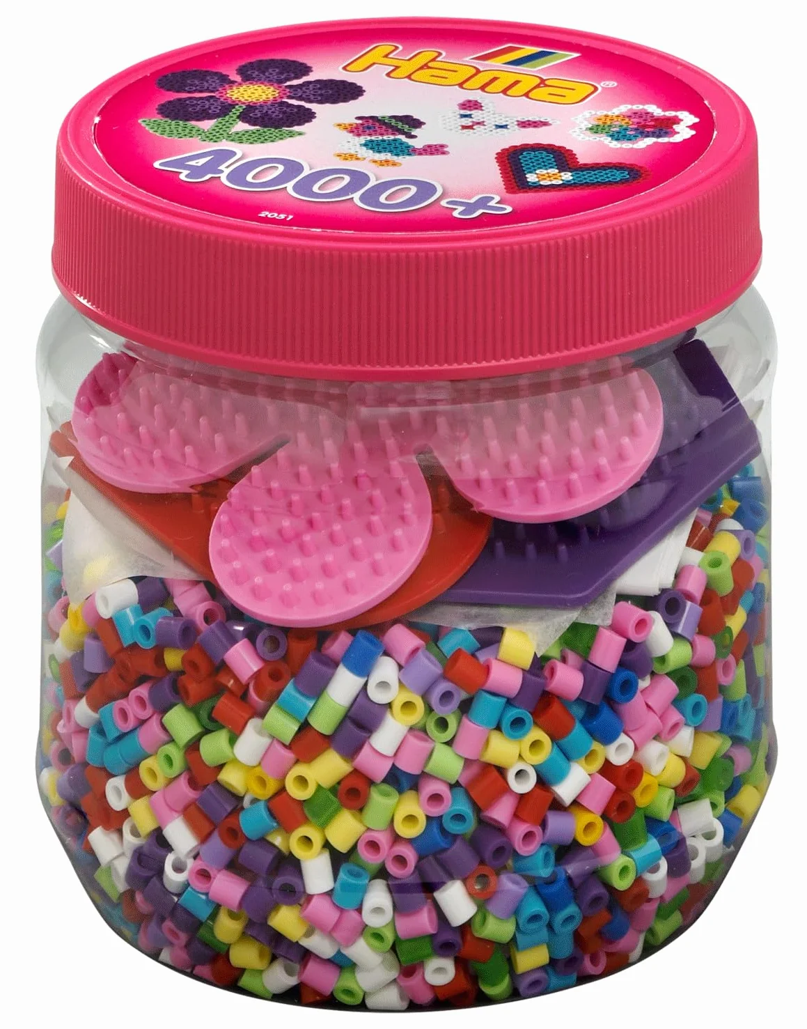 Hama Perlen 2051 Caja de Perlas para Planchar con Aprox. 4.000 Perlas de Colores Midi de 5 mm de diámetro en Mezcla de Colores y 3 Placas de sujeción, diversión Creativa para Grandes y pequeños