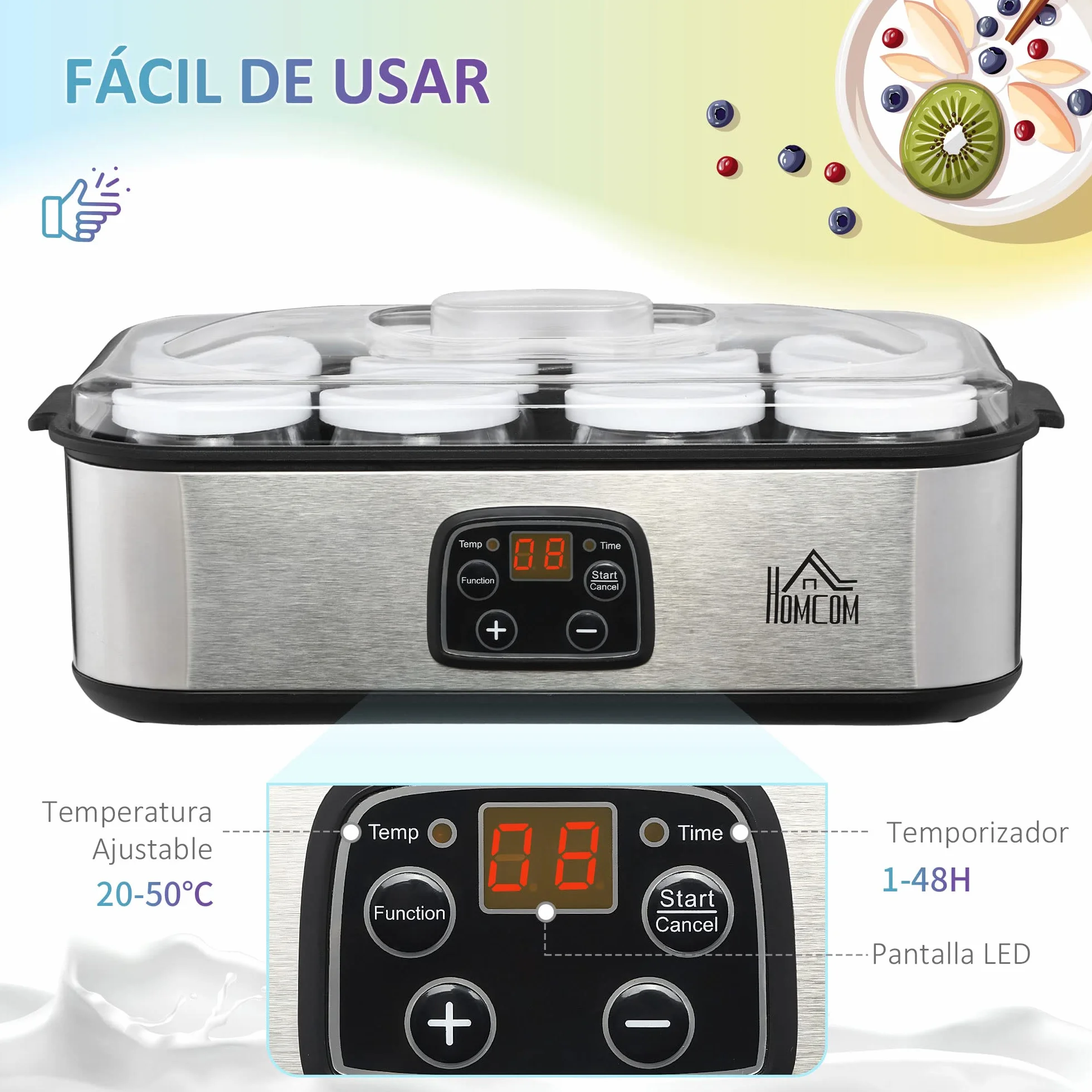 HOMCOM Yogurtera 25W 1,44L 8 Tarros de Cristal 180 ml Termostato Ajustable Temporizador 1-48 Horas Apagado Automático 36x18,8x14 cm Plata