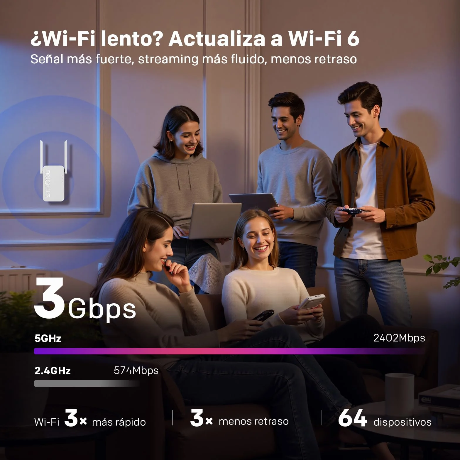 Strong Repetidor WiFi 6 AX3000 de Pared – Amplificador señal WiFi Potente Largo Alcance, Dual Band con Antenas externas, WiFi Extender para casa, Streaming y Gaming