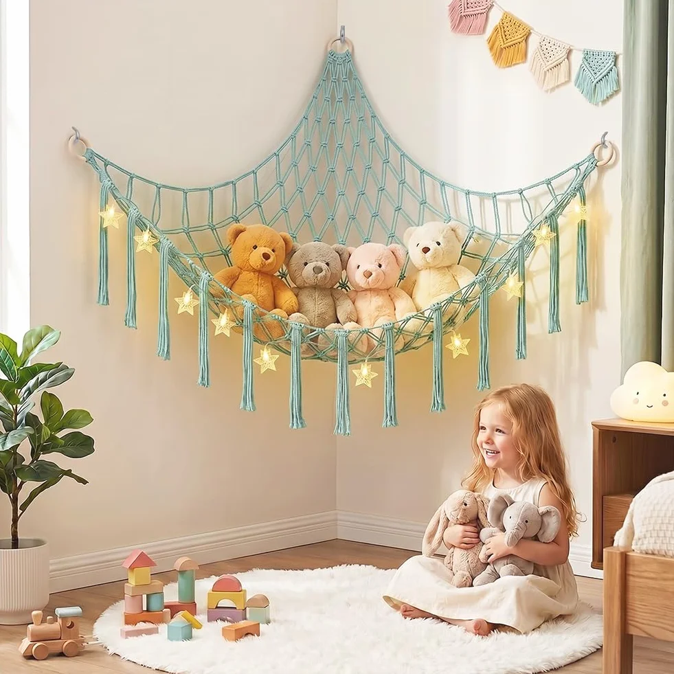 AUAUY Red de Almacenamiento de Peluche con Luces LED, Hamaca Boho Grande, Colgante Decoración Habitación Infantil Azul