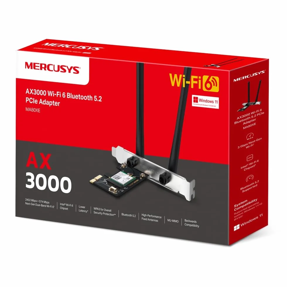 Mercusys MA80XE-Tarjeta WiFi PCIe, AX3000, 2402 Mbps, WiFi 6, Bluetooth 5.2 | Tarjeta de Red PCIe. WiFi 6 con Bluetooth. Disipador Térmico. Instalación Interna. Compatible con Windows.