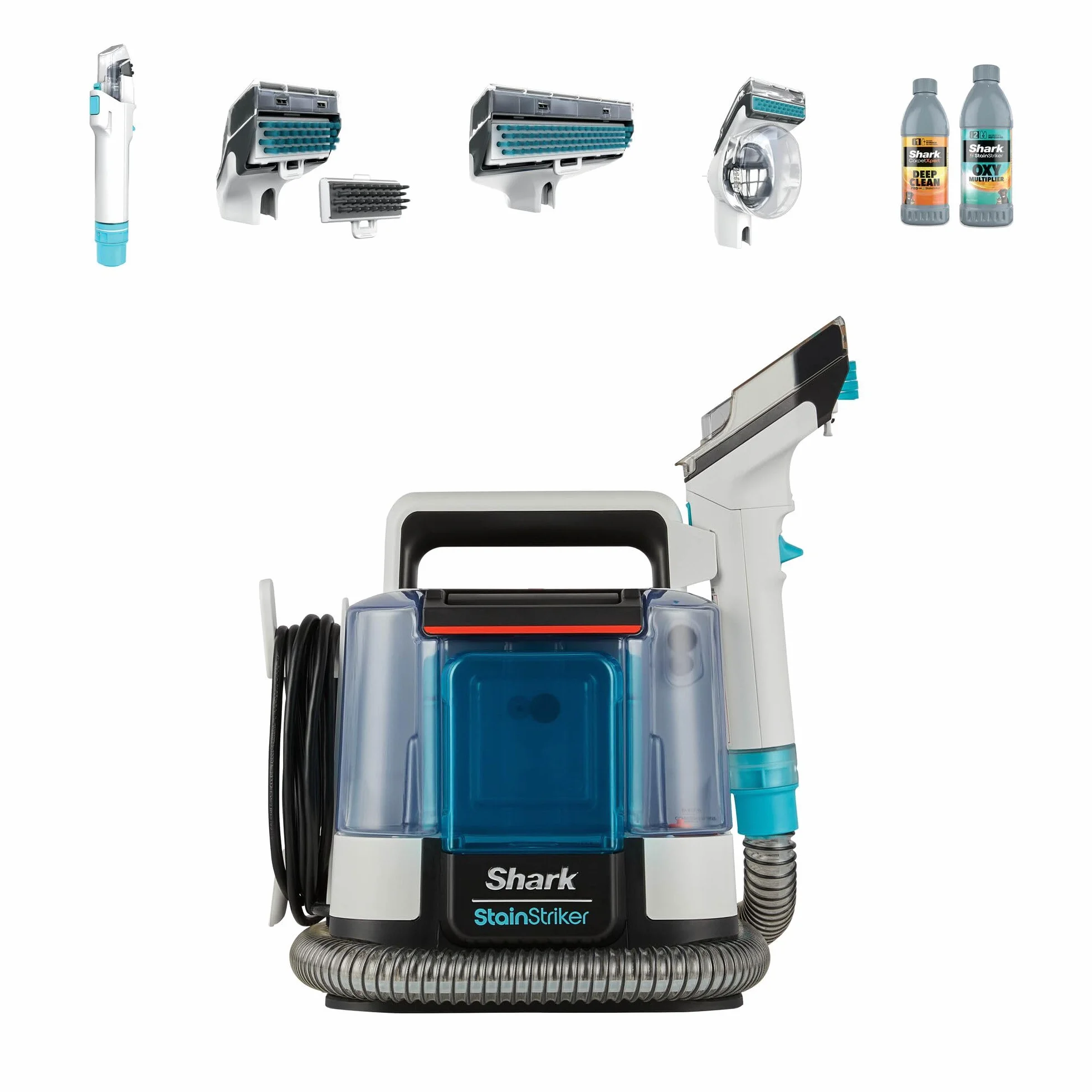 Shark StainStriker Limpiador de manchas con 5 accesorios, minicepillo para pelo de mascotas, boquilla estrecha, tubo de limpieza, 2 x soluciones de limpieza incluidas, ligero y portátil, 450W PX200EUT