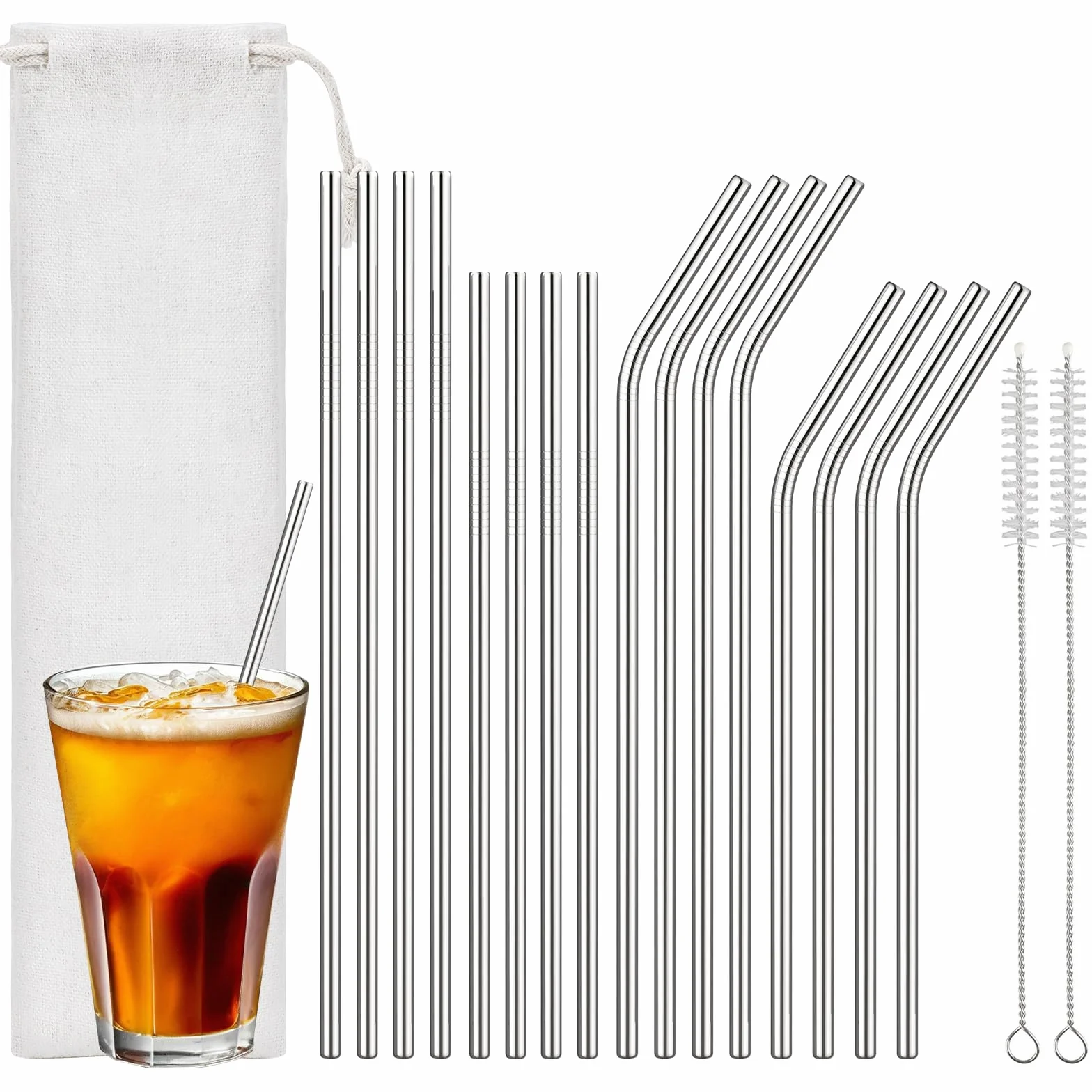 Set de 16 Pajitas Reutilizables de Acero Inoxidable – 8 Rectas y 8 Curvas con 2 Cepillos y Bolsa
