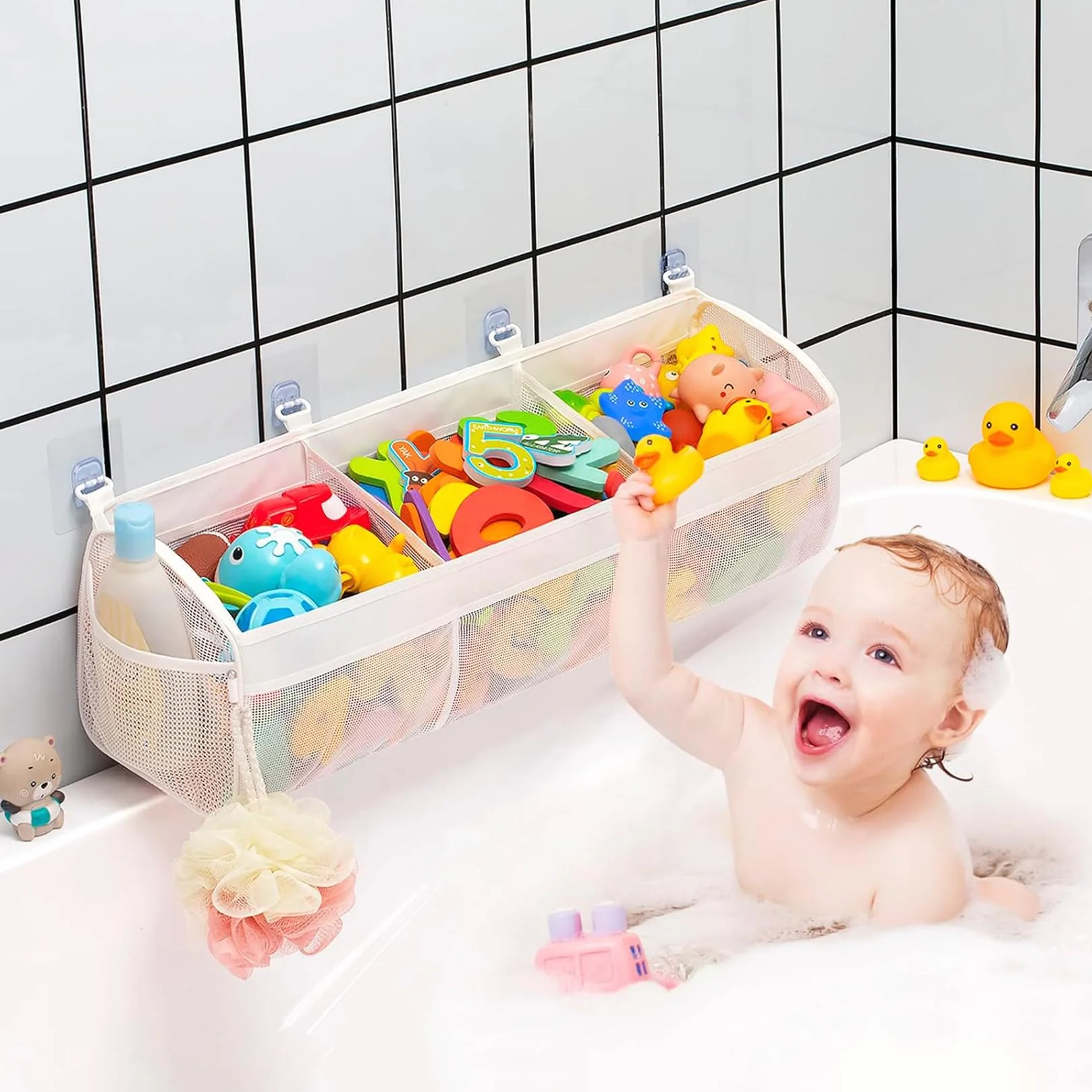 Bolsa Juguetes Bañera Organizador Juguetes con 3 Compartimentos Red Juguetes Bañera Secado Rápido para bañeras de Niños