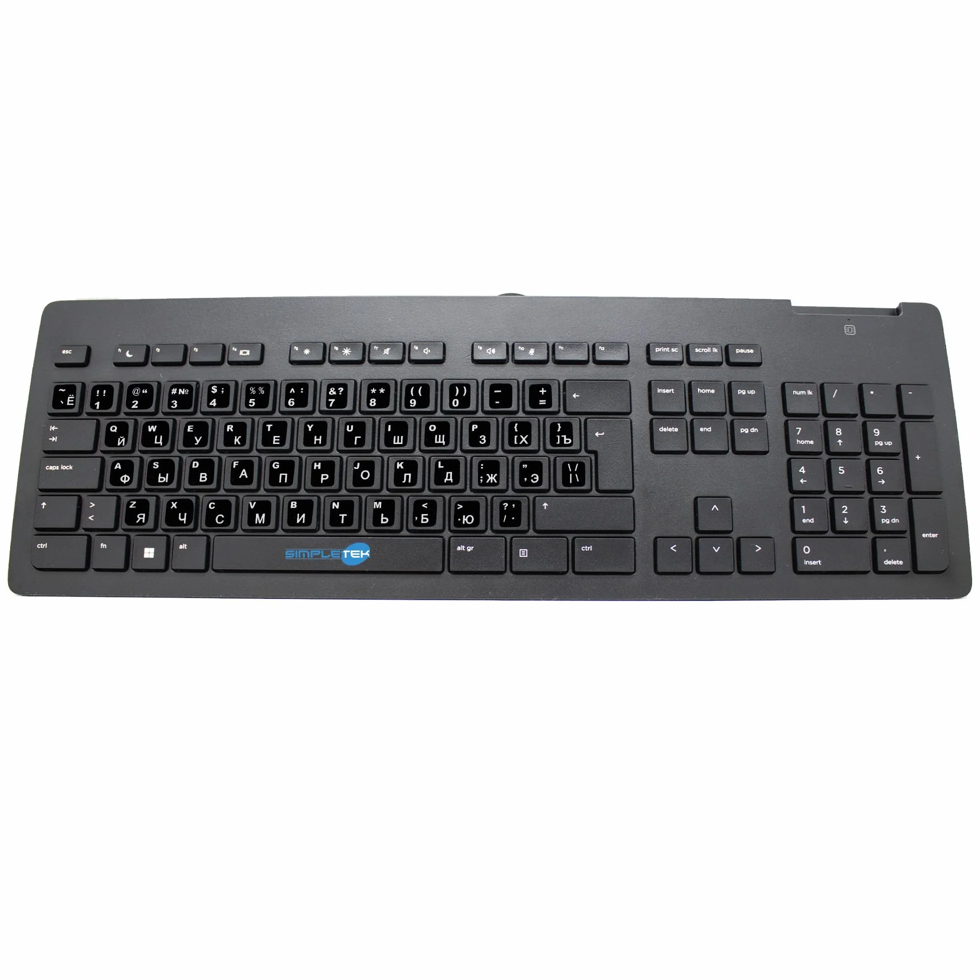 SIMPLETEK - Teclado Slim USB Lector SmartCard Layout QWERTY Ruso | Modelo con cable ultrafino con lector de tarjetas integrado, escritura silenciosa y cómoda para oficinas y negocios.