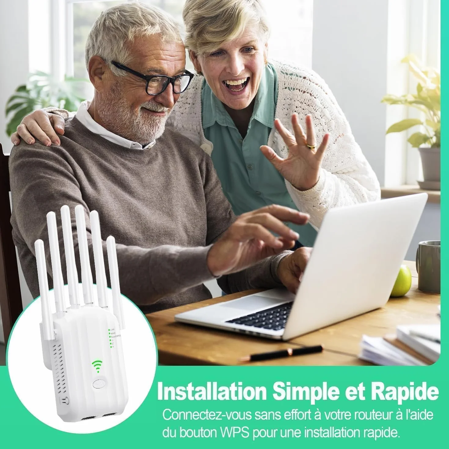 Repetidor WiFi,Amplificador señal WiFi Potente,6 Antenas,2 Puertos LAN,Cobertura Total de 360°,Cobertura de hasta 11800Sq.Ft,repetidor WiFi Largo Alcanc,para oficinas y hogares,Easy (Blanco)