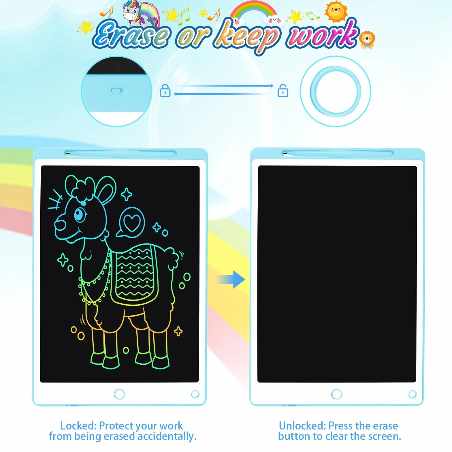 Tableta Escritura LCD Color 10.5 Pulgadas, Tablet Escritura Niños, Pizarra Digital con Botón De Eliminación de Pantalla e Interruptor de Bloqueo para Juegos para 2 3 4 5 6 7 Años, Azul
