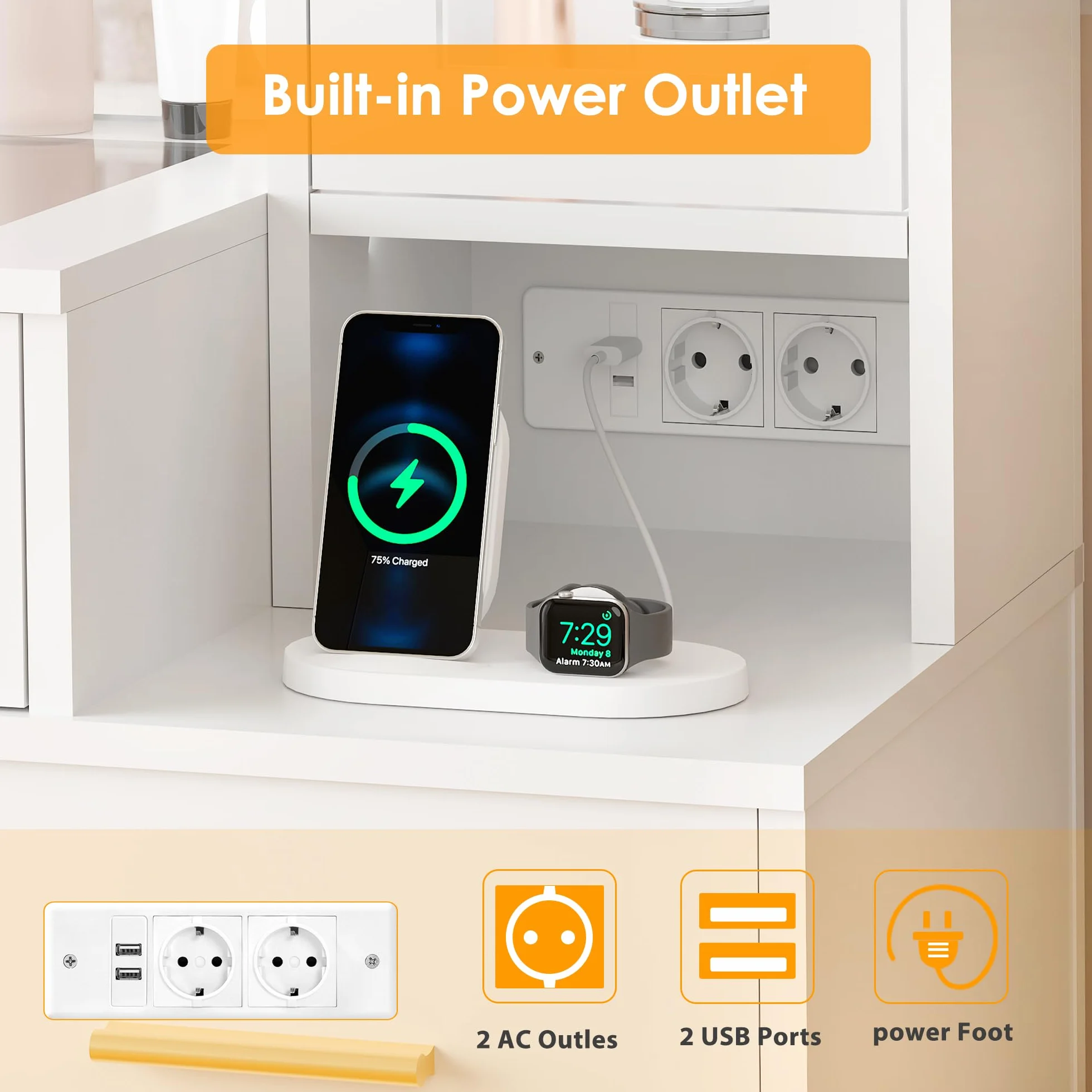 BEWISHOME Tocador con Espejo y Luces LED, Brillo Ajustable, 5 Cajones, Blanco EFST34W