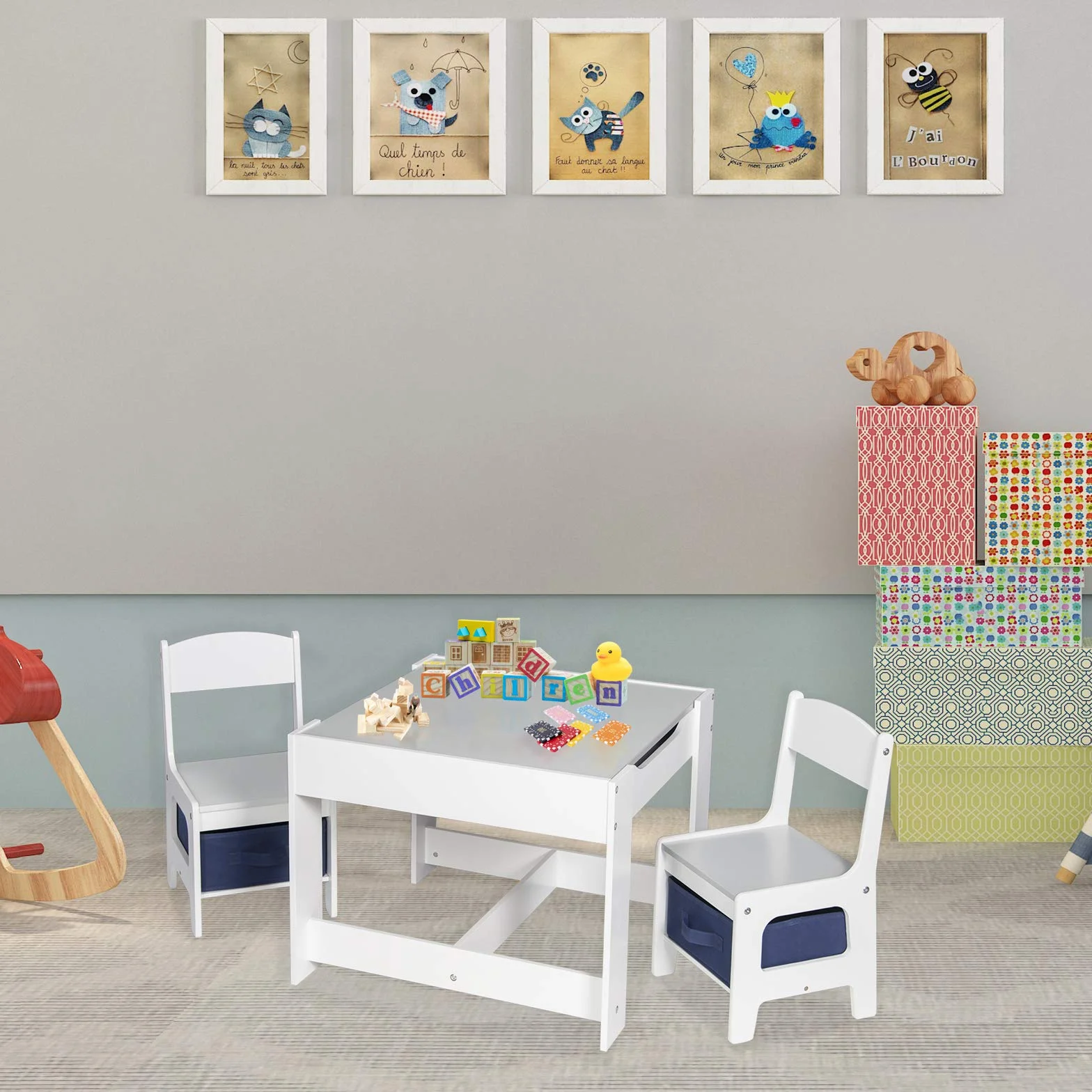 EUGAD Juego de Mesa y 2 Sillas Infantiles de Madera y MDF con Almacenamiento Gris Blanco