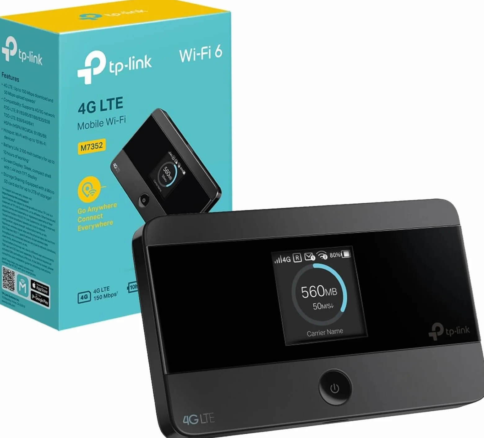 TP-Link M7352 - Router WiFi Portátil 4G LTE WiFi 6, hasta 150 Mbps, Hotspot hasta 10 Dispositivos, Pantalla, Batería 10h, Ranura SIM y microSD hasta 2TB