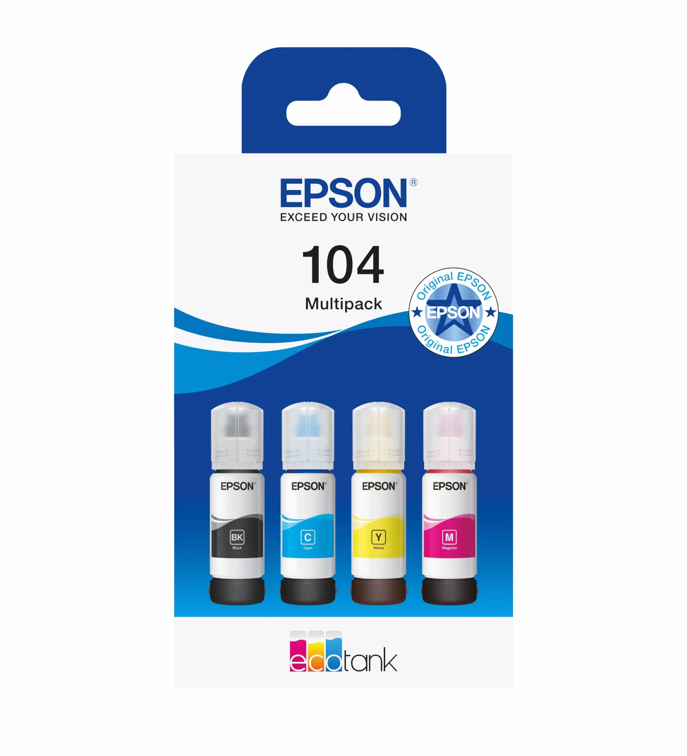 Botellas de tinta originales EcoTank de la serie 104 de Epson - Colores cian, magenta, amarillo y negro