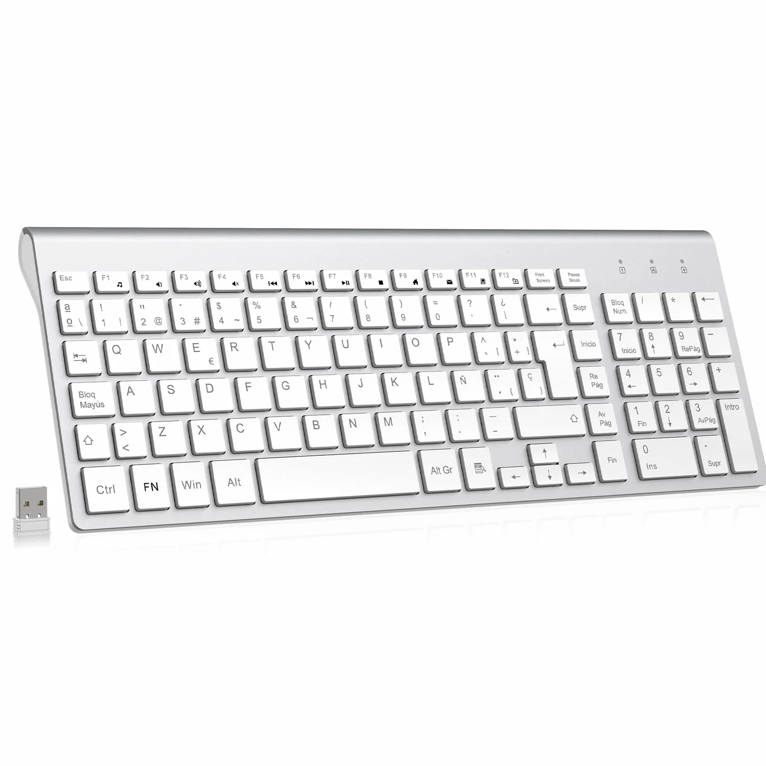cimetech Teclado inalámbrico, 2.4G QWERTY español Layout, USB Teclado de Ordenador con Teclado numérico y Teclas ergonómicas para Desktop/PC/Laptop/Surface/Smart TV/Notebook y Windows - Plata