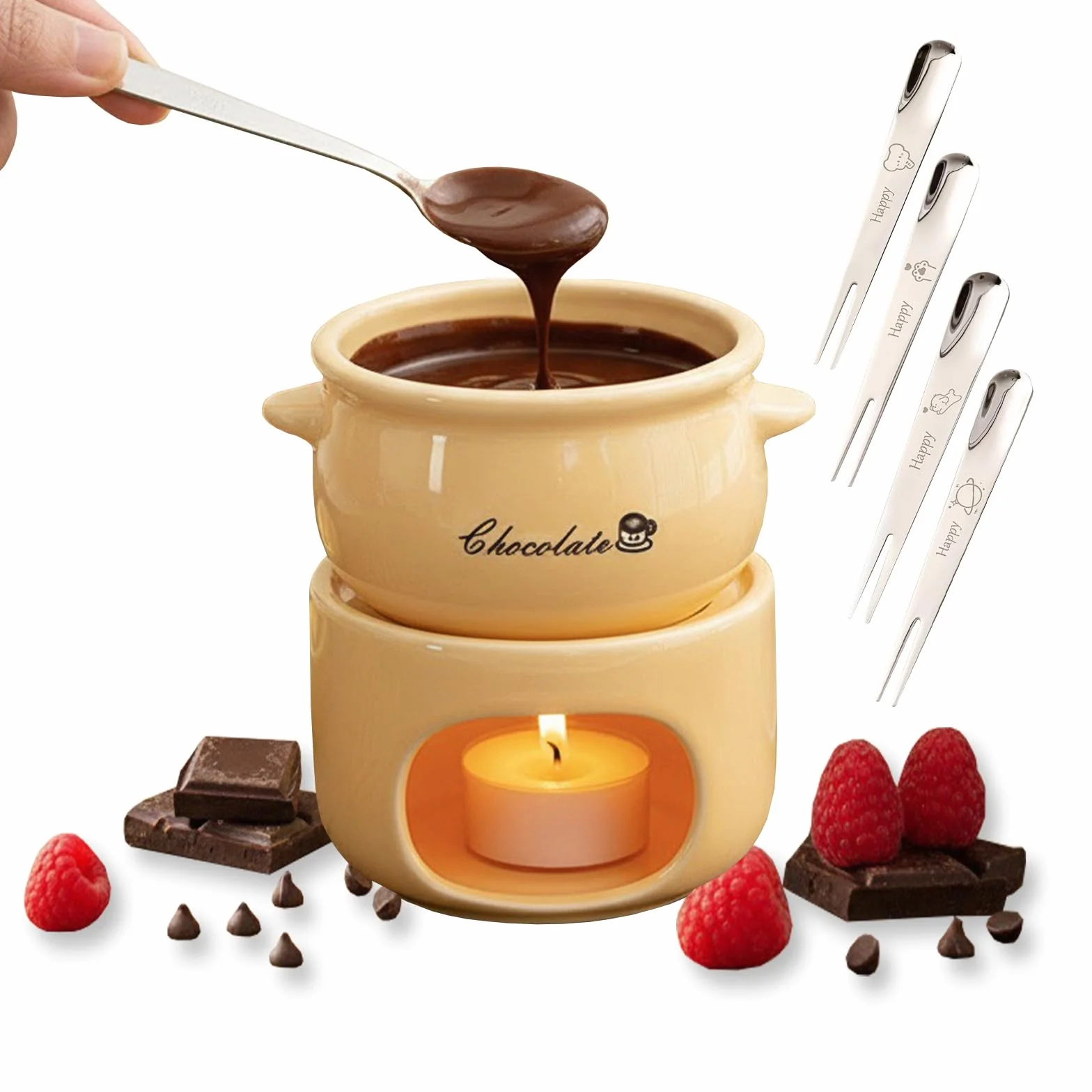 Taza de fondue de chocolate, taza de fondue, mini fondue de chocolate con 4 tenedores para fondue de porcelana, juego de fondue de chocolate adecuado para derretir chocolate y combina