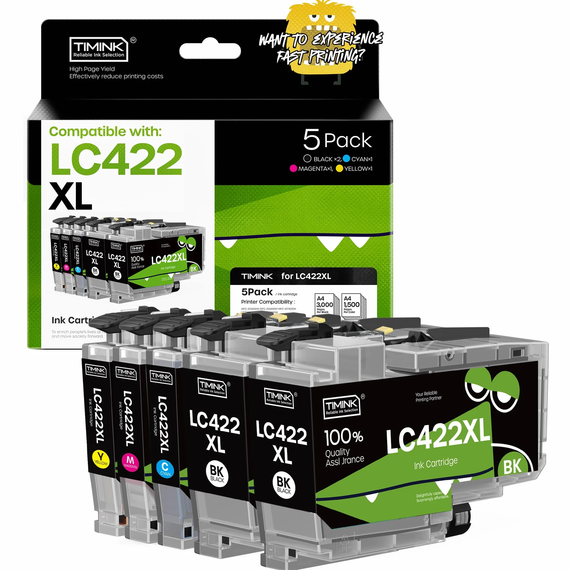 5 Pieza LC422XL Cartuchos de Impresión Compatibles para Brother LC422 LC422XL LC-422XLVAL Compatibles para Brother MFC-J6540DW MFC-J5340DW MFC-J5740DW MFC-J6940DW MFC-J5345DW