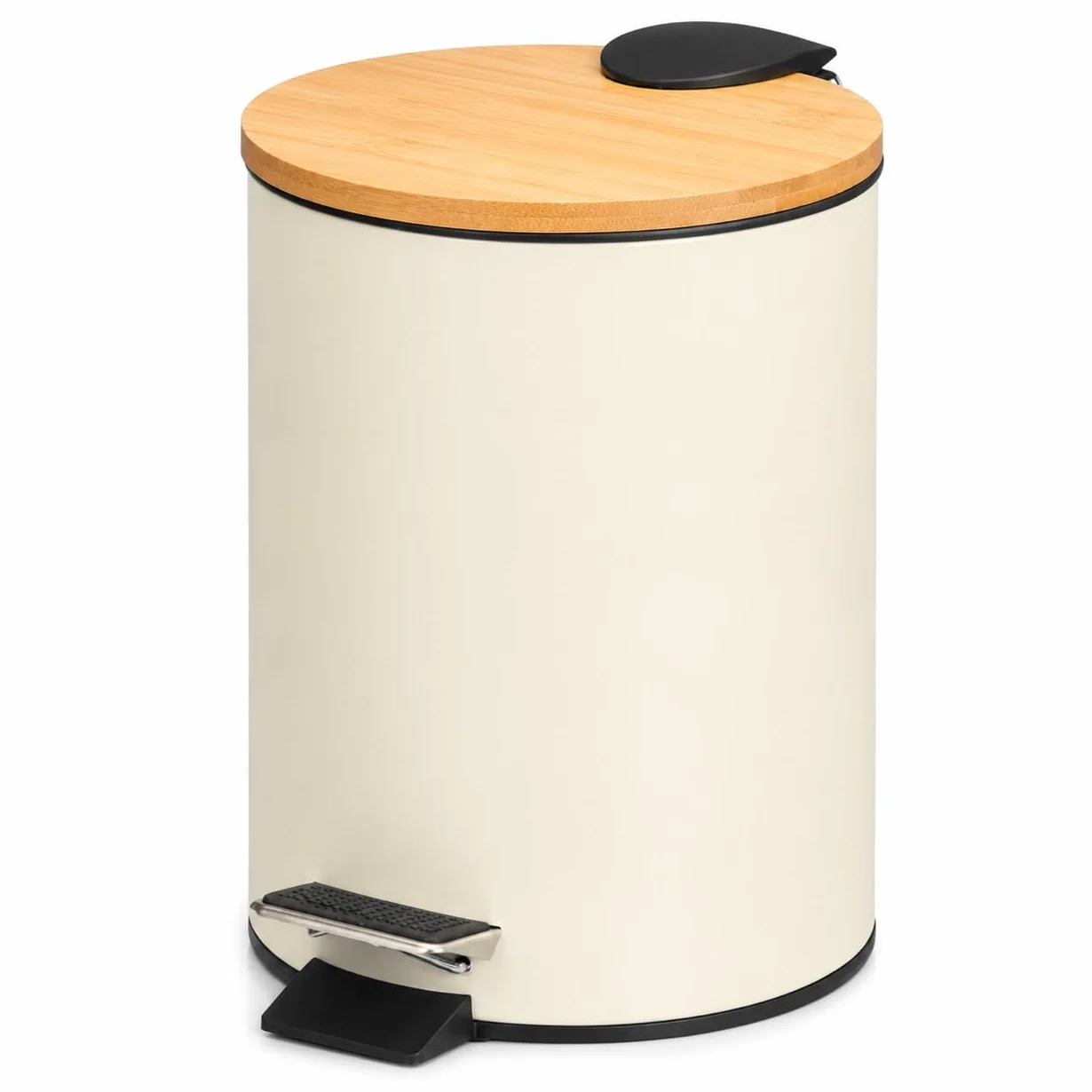 TIENDA EURASIA – Papelera Baño | Metal + Tapa de Bambú | Capacidad 3L | Medidas 17x21x23.5 cm y Cubo Interior 16.8x16.8x18.2 | con Pedal (Beige)