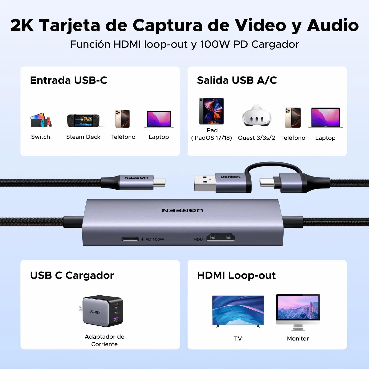 UGREEN Tarjeta de Adquisición de Vídeo USB C 4K 30Hz Entrada USB C A 3.1 2K 60Hz Grabación y Streaming Capturadora Video HDMI y Boucle Compatible con Switch PS5 4 Xbox MacBook iPad Air Quest 3 Cámara