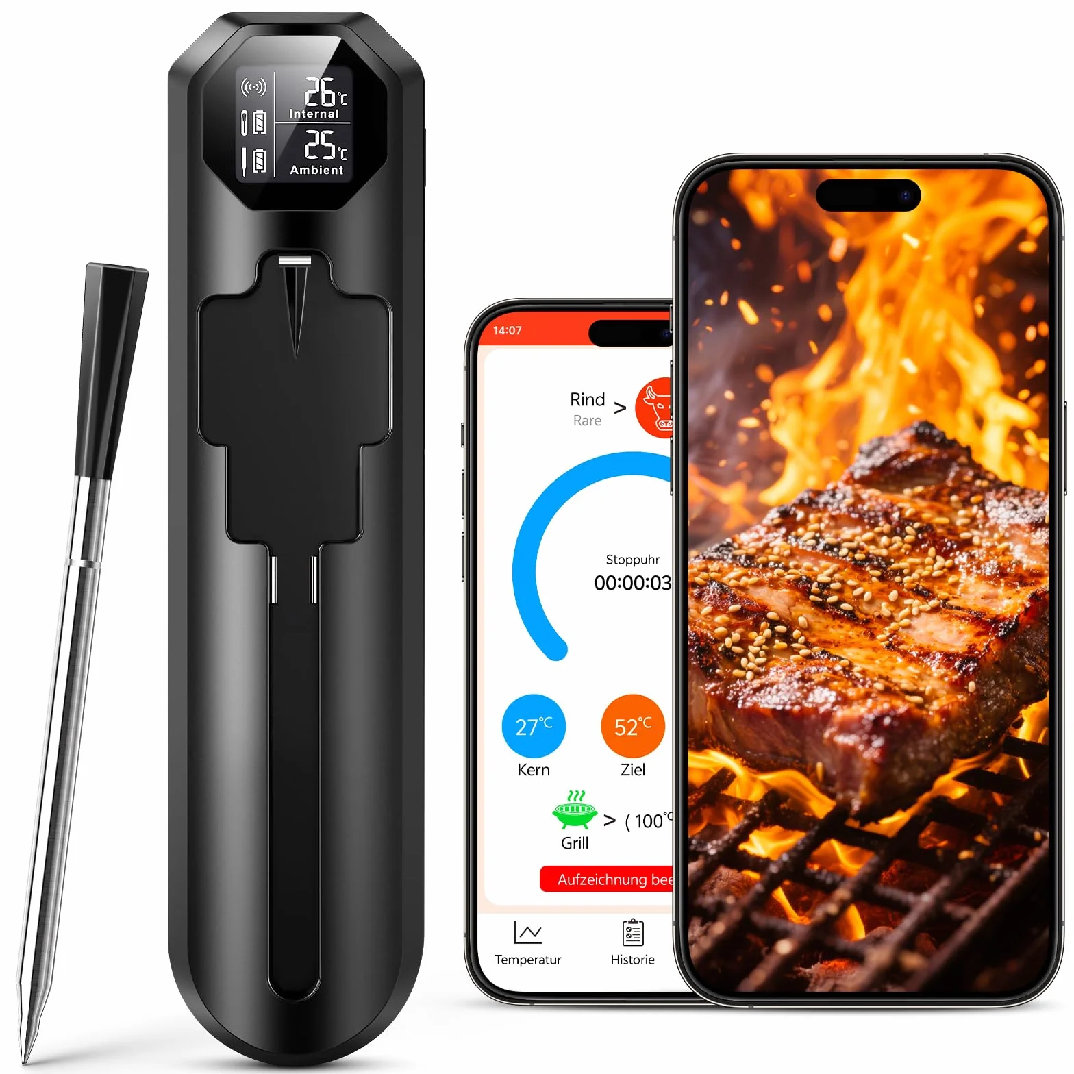 Bluetooth Termometro Cocina, 150m Termometro Digital Cocina con Sensor Dual y App, IP67 a Prueba de Agua Termometro Cocina Profesional, Meat Thermometer para BBQ, Horno, Grill, Asador, Regalo