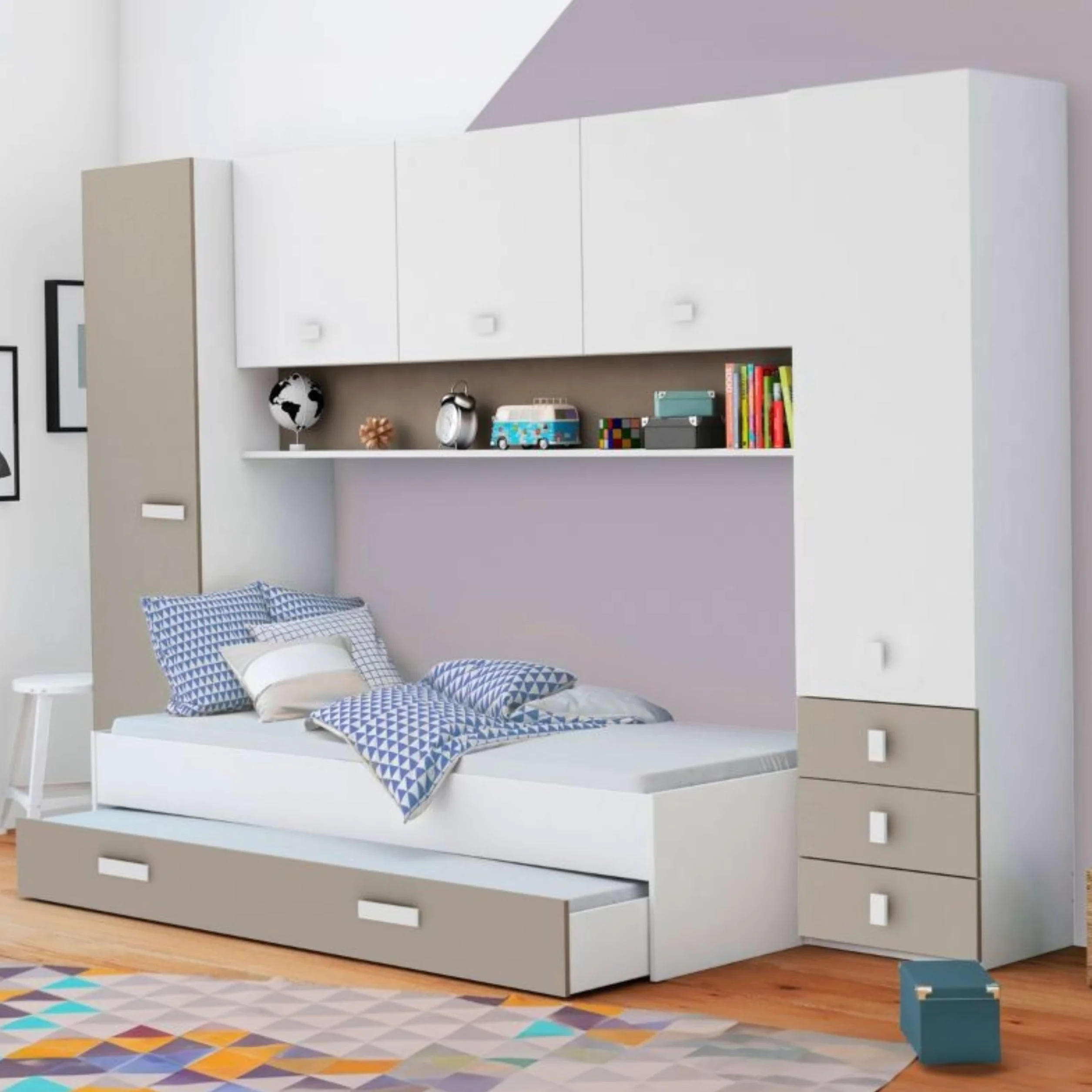 Miroytengo Pack Dormitorio Infantil Juvenil Tidy Color Blanco Y Arcilla Habitación Moderno (Armario + Cama + Cajón)