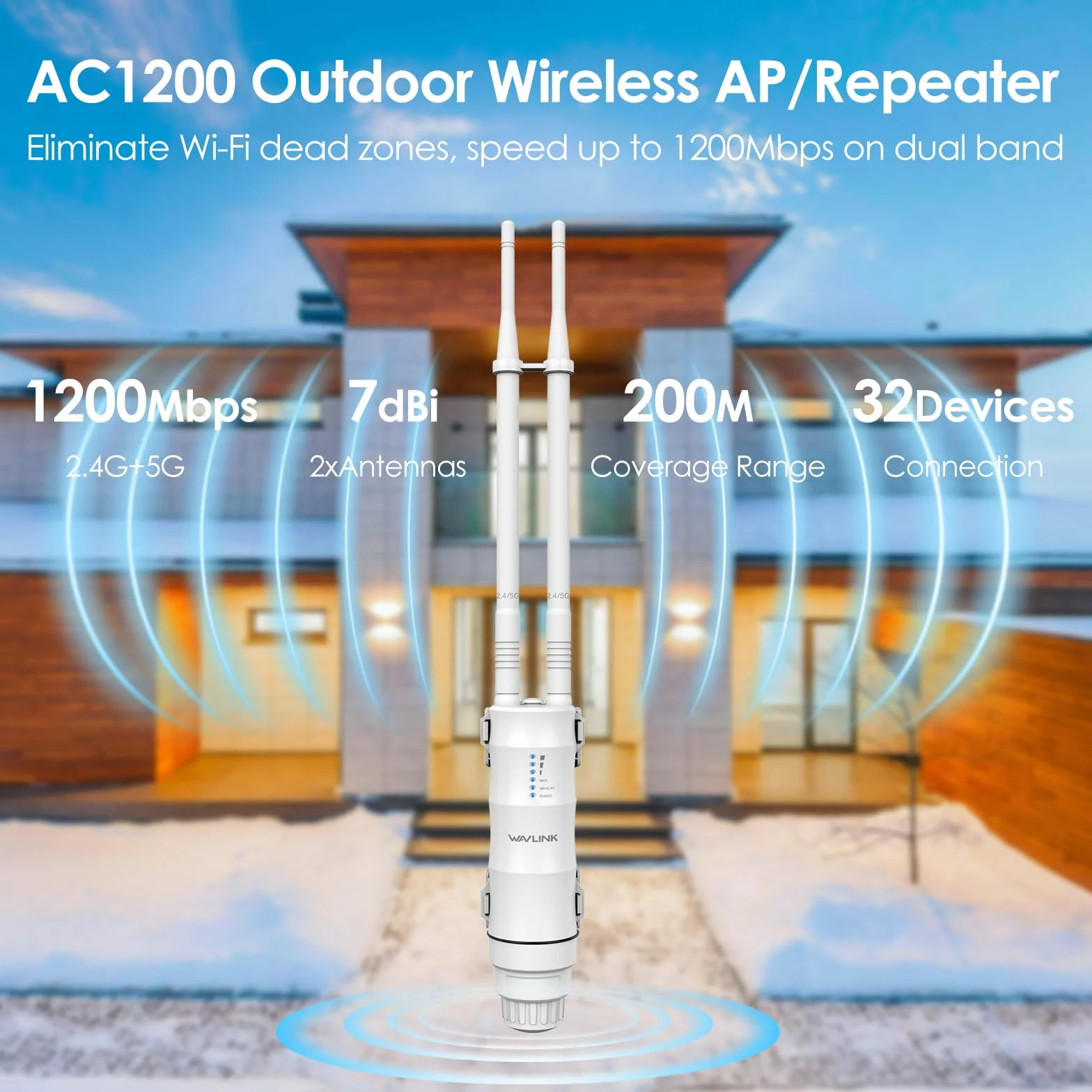 Repetidor WiFi Potente Exterior para Larga Distancia WAVLINK AC1200, Amplificador de Señal WiFi Exterior Doble Banda 2.4G + 5G, Outdoor WiFi Router Extender Access Point, Soporte PoE