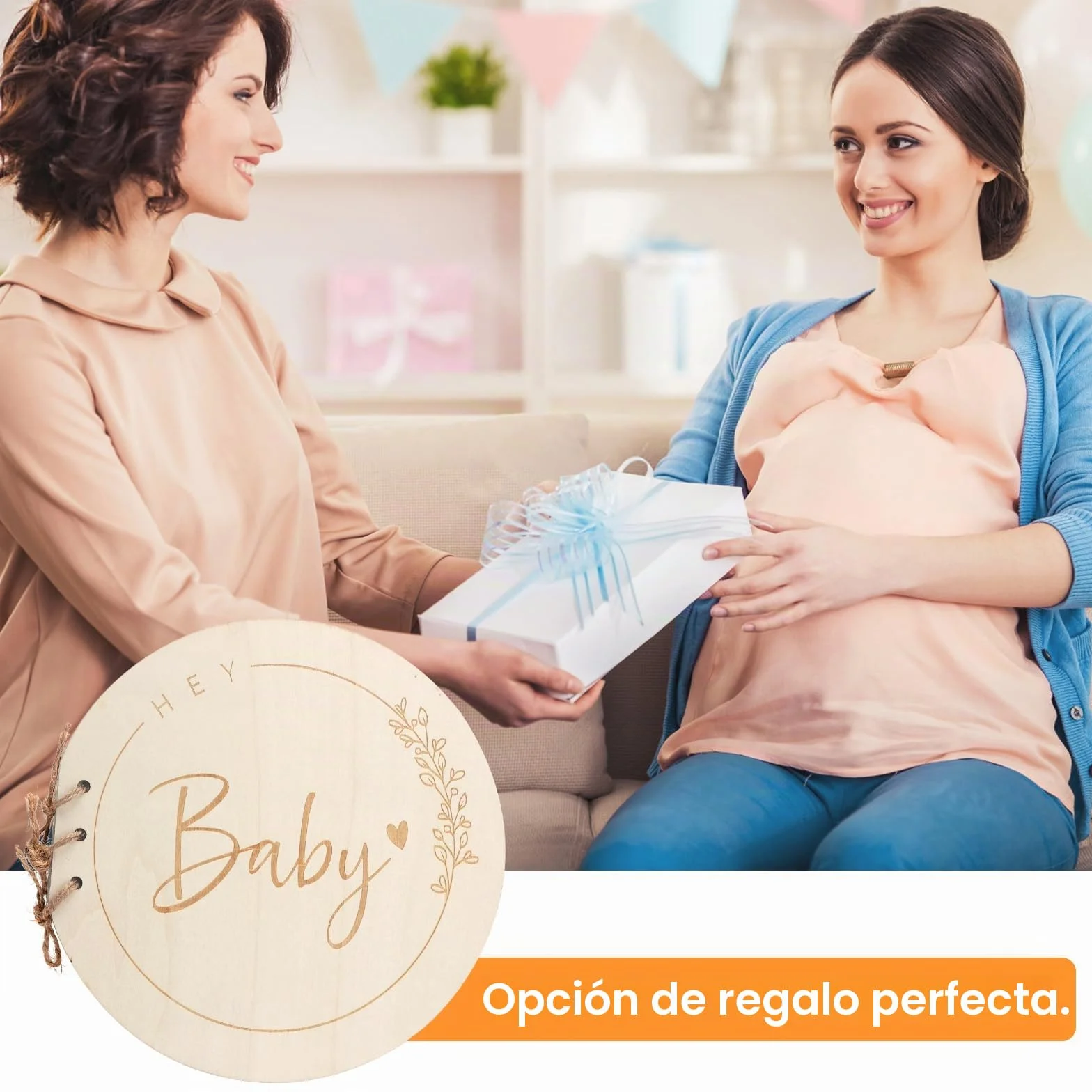 Libro de Visitas Hey Baby, Bebe para Baby Shower con Tapa de Madera, Recuerdos Bebe
