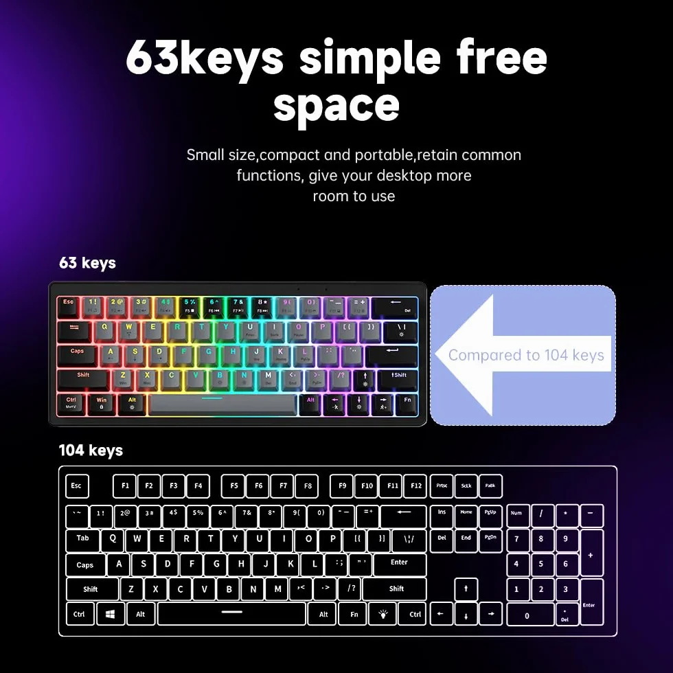 abucow 60% teclado mecánico para juegos, teclado compacto con cable con interruptores marrones, retroiluminación RGB, anti-ghosting, sin conflictos 63 teclas intercambiables (negro-gris)