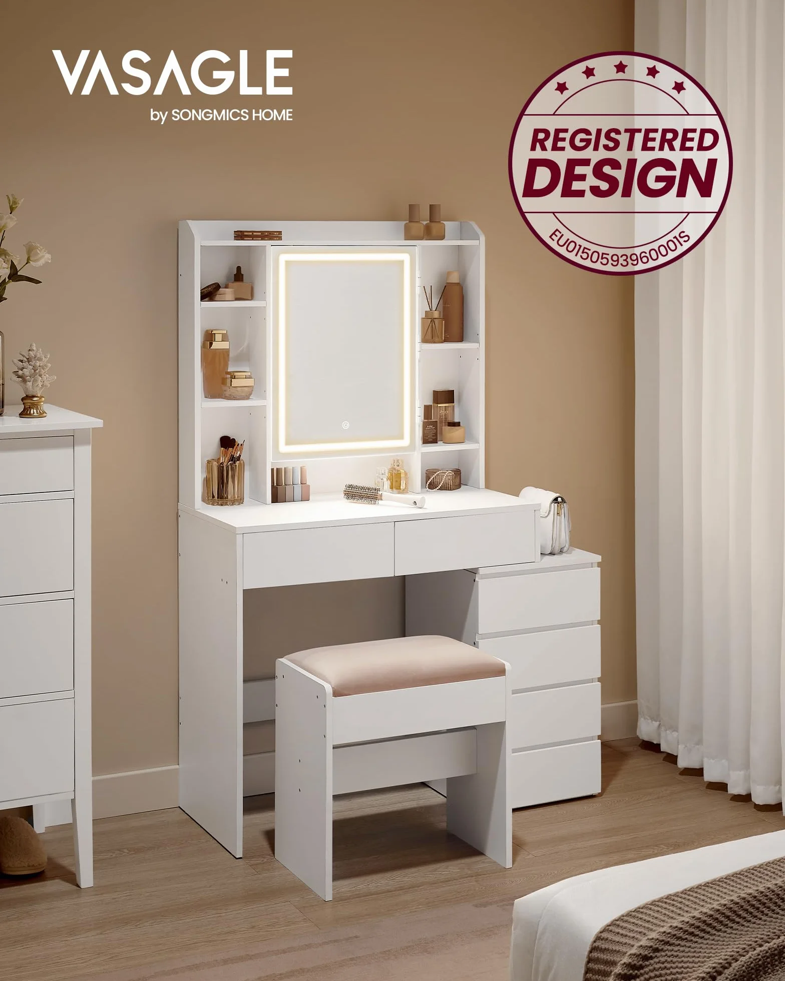 VASAGLE Kailyn Colección Tocador con Luces LED Mesa de Maquillaje con Espejo 40 x 97,5 x 145 cm Blanco Nube