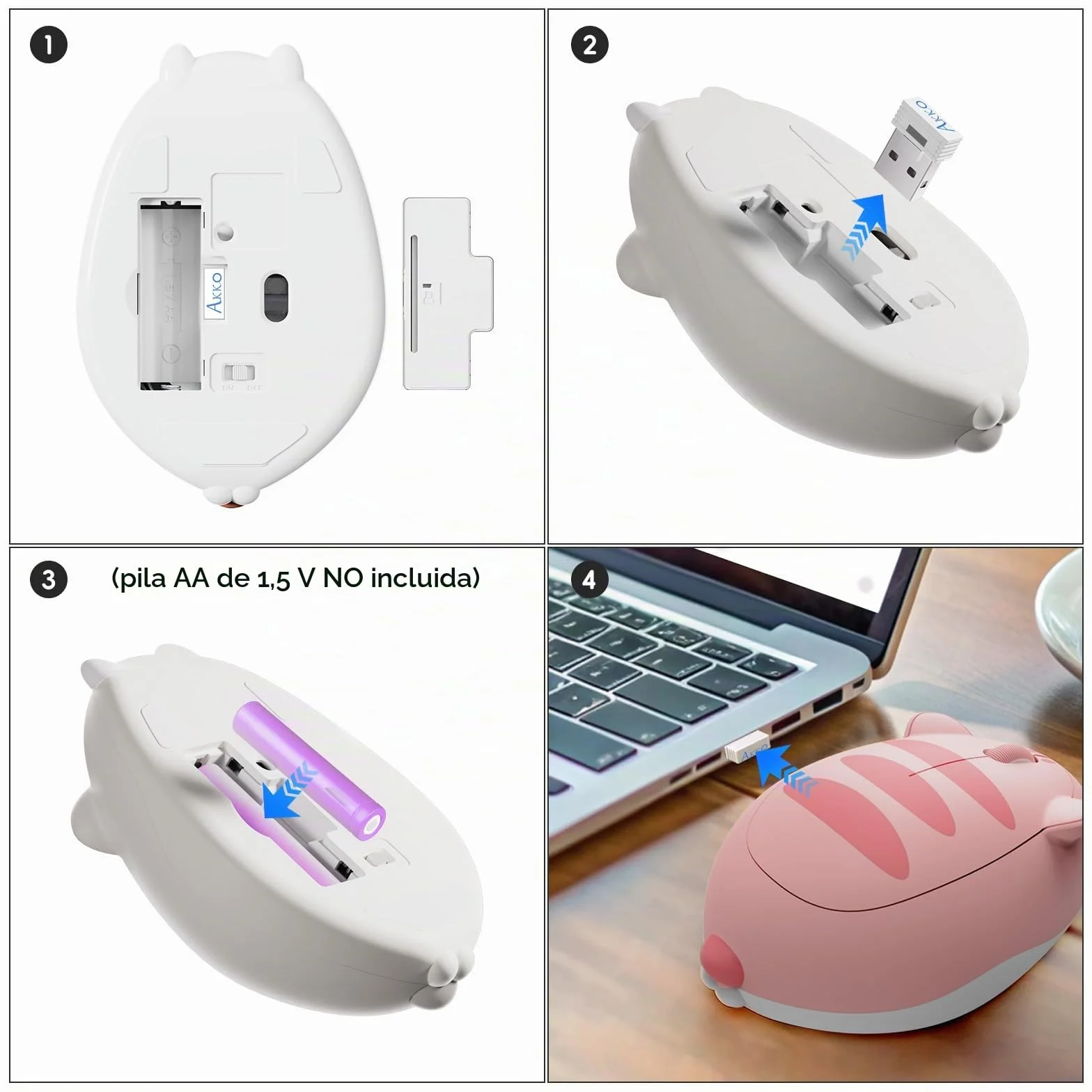 Akko Ratón Inalámbrico Gato Rosa Bluetooth Clic Silencioso Tri-Mode 3200 dpi | Lindo ratón gato, clic silencioso, Bluetooth 3.0/5.0 y receptor inalámbrico USB-A para ordenador portátil y escritorio