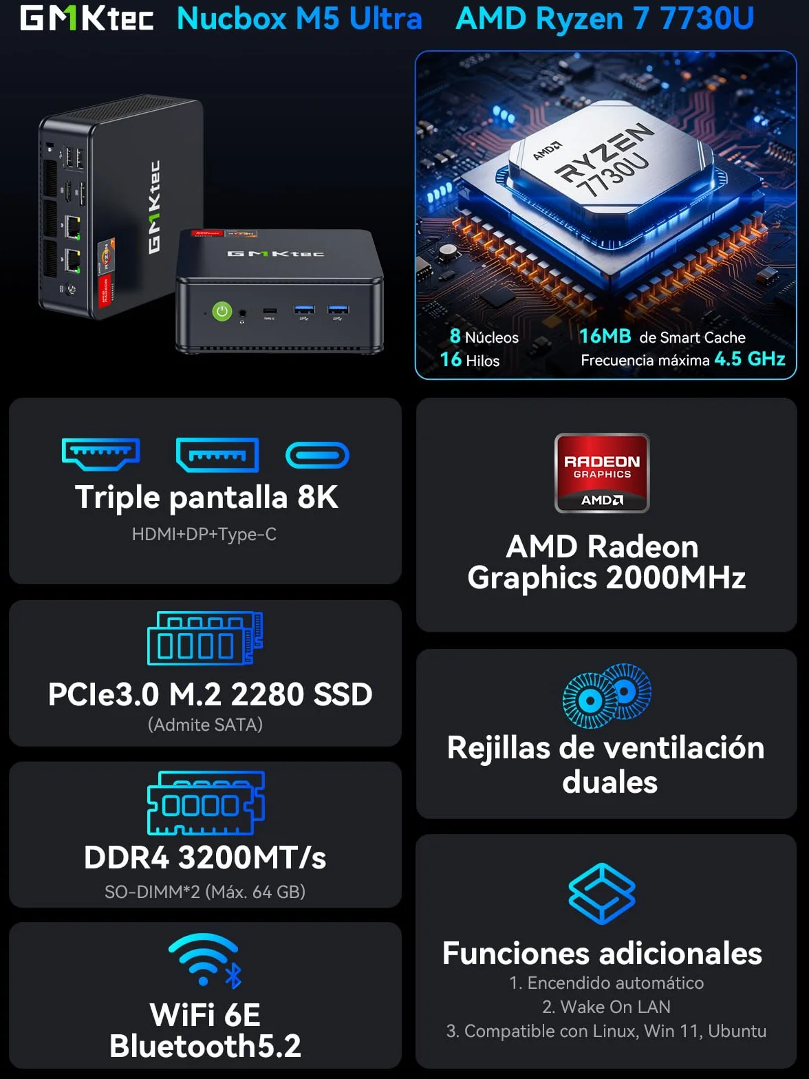GMKtec AMD Ryzen 7 Mini PC W-11 Pro 7730U M5 Ultra Dual LAN 2.5G 32GB DDR4 RAM 1TB PCIe-SSD WiFi 6