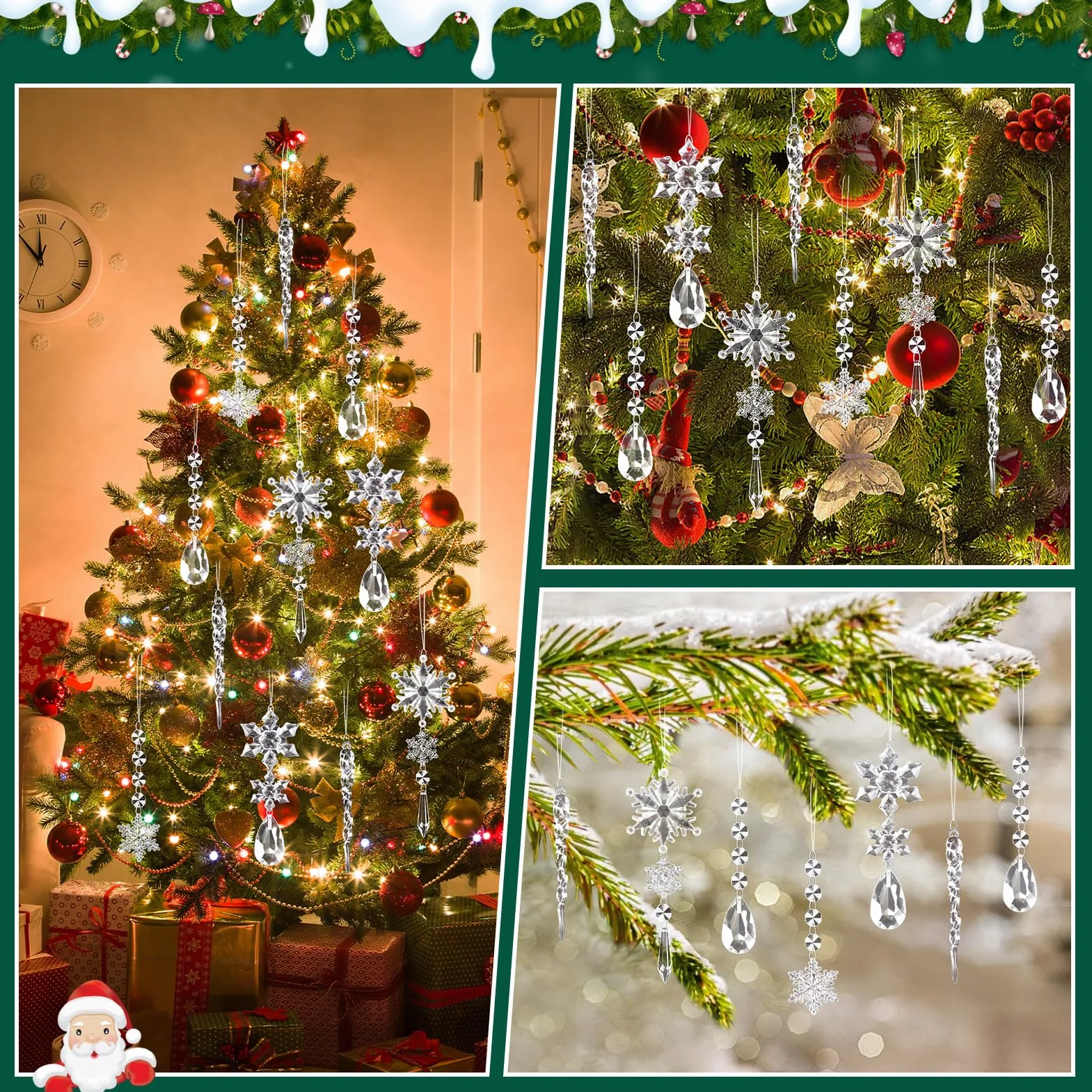 Kiiwah 16 Piezas Adornos de Cristal Decoración Árbol Navidad, Gotas Copo Nieve Acrílico Colgante Carámbano Hogar Ventana