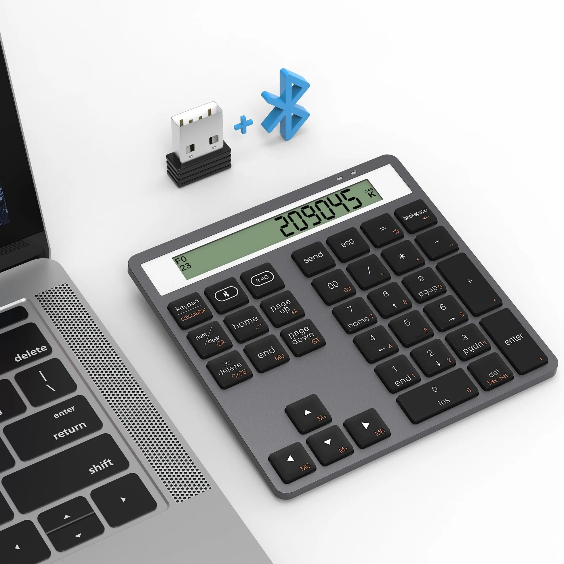 Teclado Numérico Bluetooth y 2.4G - Modo Dual 34 Teclas Con Calculadora de Pantalla - Delgado, Inalámbrico y Portátil Para MacBook, iMac, Window