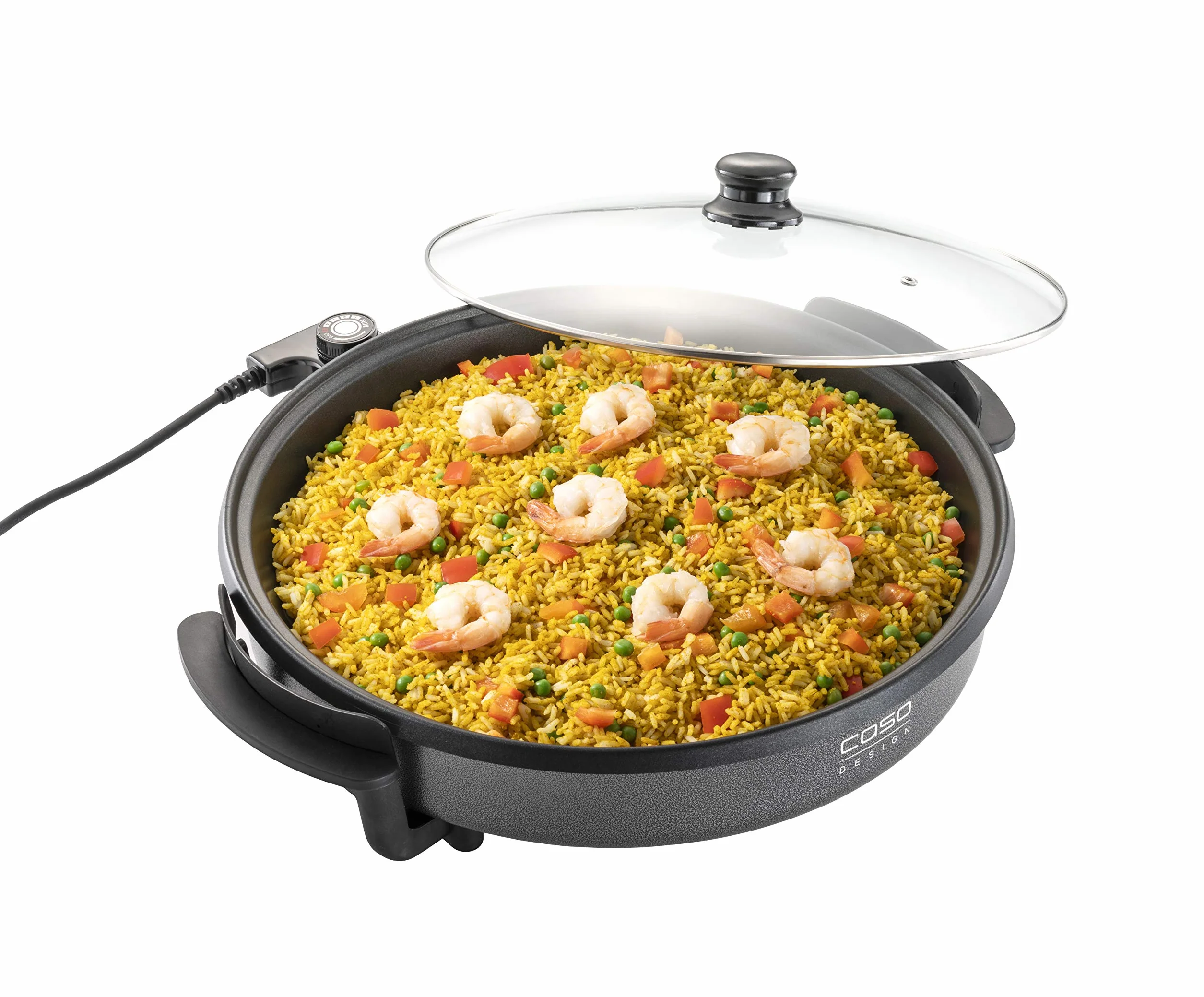 CASO Sartén profesional para fiestas, para pizza, hamburguesas, verduras, etc., hasta 240 °C, función de mantenimiento del calor, color negro